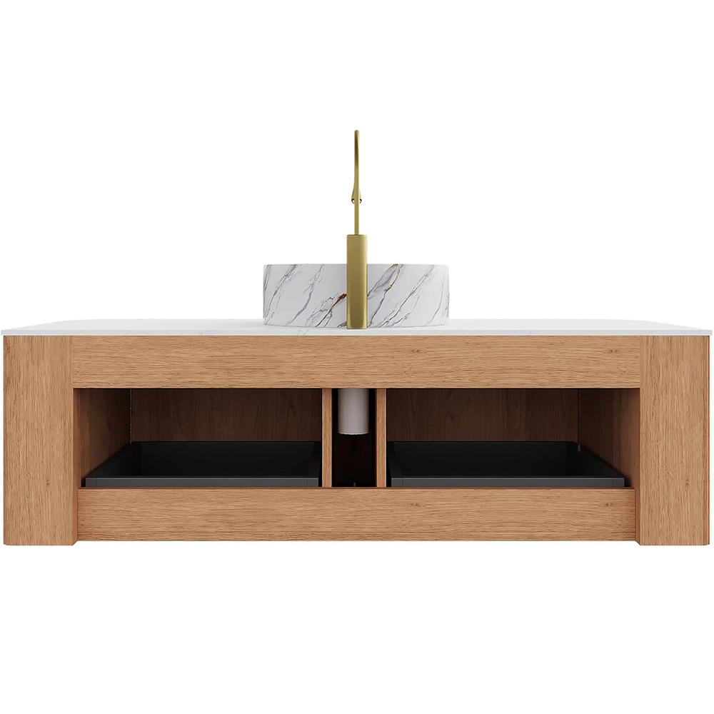 Open storage view of the natural wood floating bathroom vanity showing soft-closing drawers