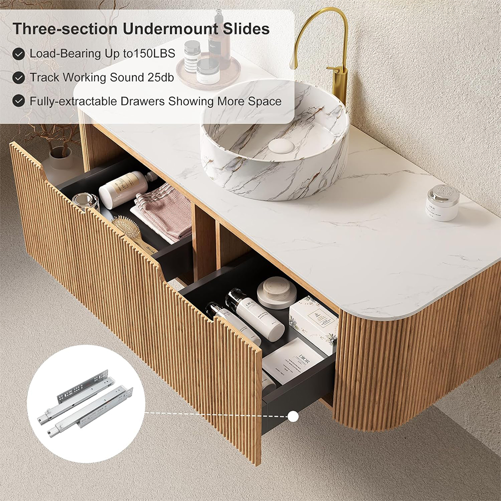 Soft-closing drawer mechanism of the Nature Wood Floating Bathroom Vanity