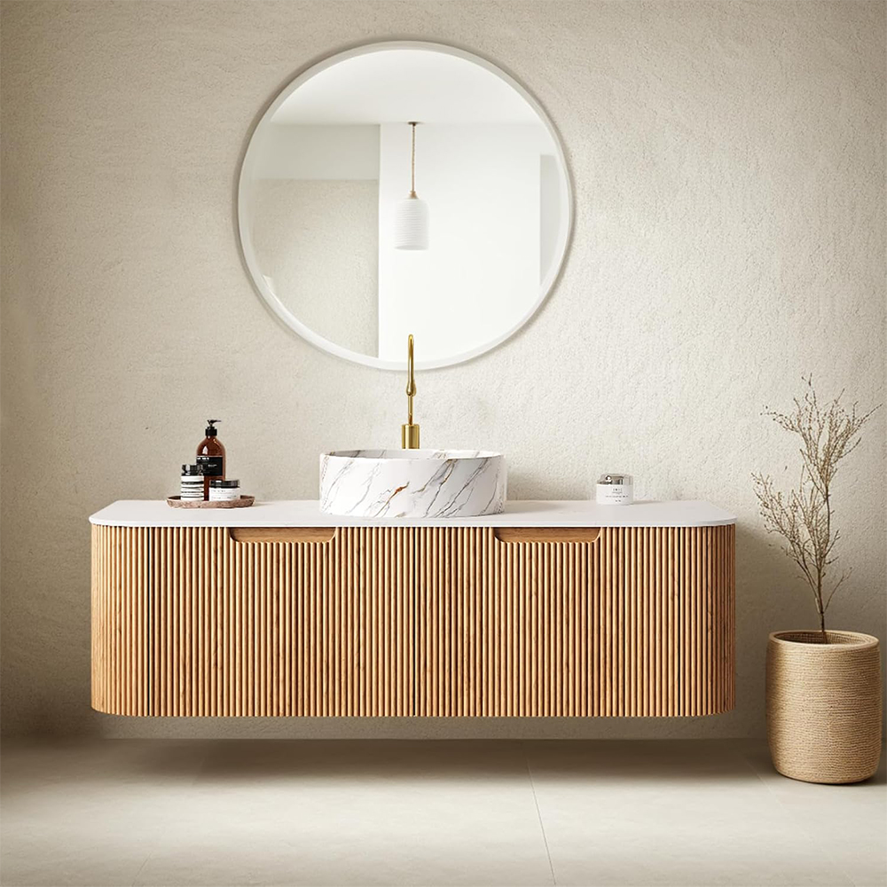 Modern 48-inch maple floating bathroom vanity featuring a marble top and porcelain vessel sink