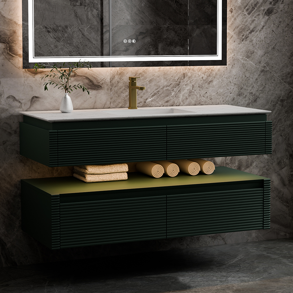 48 Inch Modern Green Wall-Hung Floating Bathroom Vanity with Marble Top and Shelf