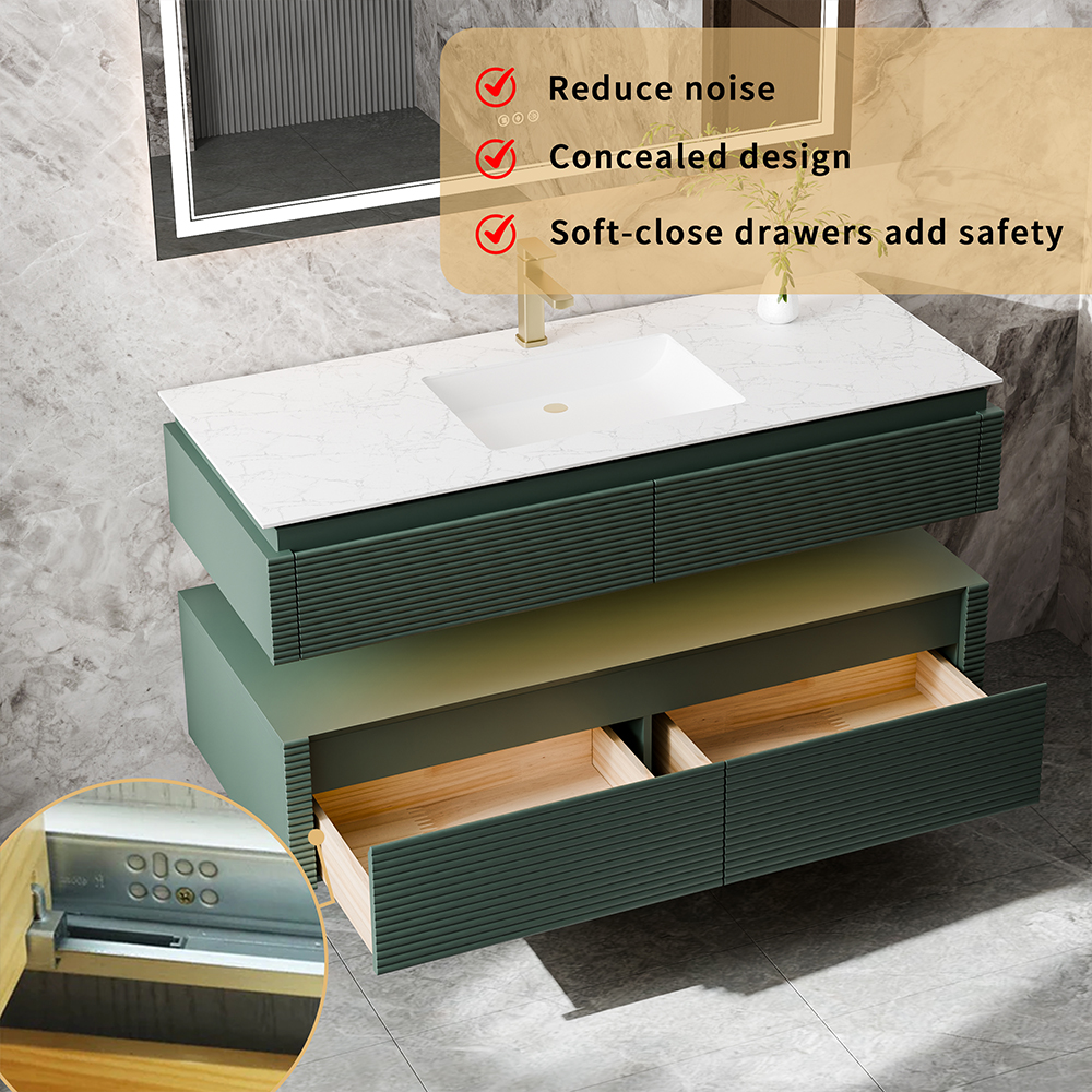 Soft close concealed drawer details of green bathroom vanity