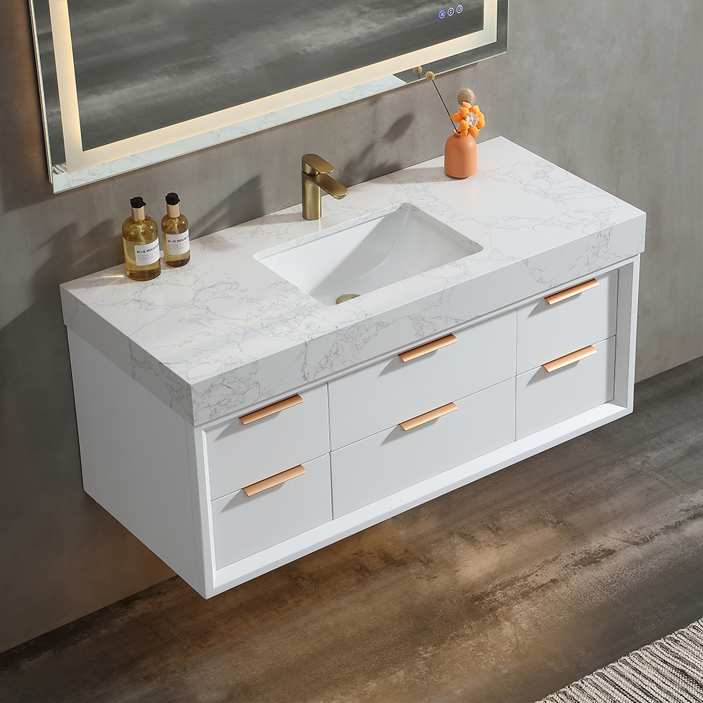 Top view of 48 inch modern wall mounted bathroom vanity with undermount porcelain sink