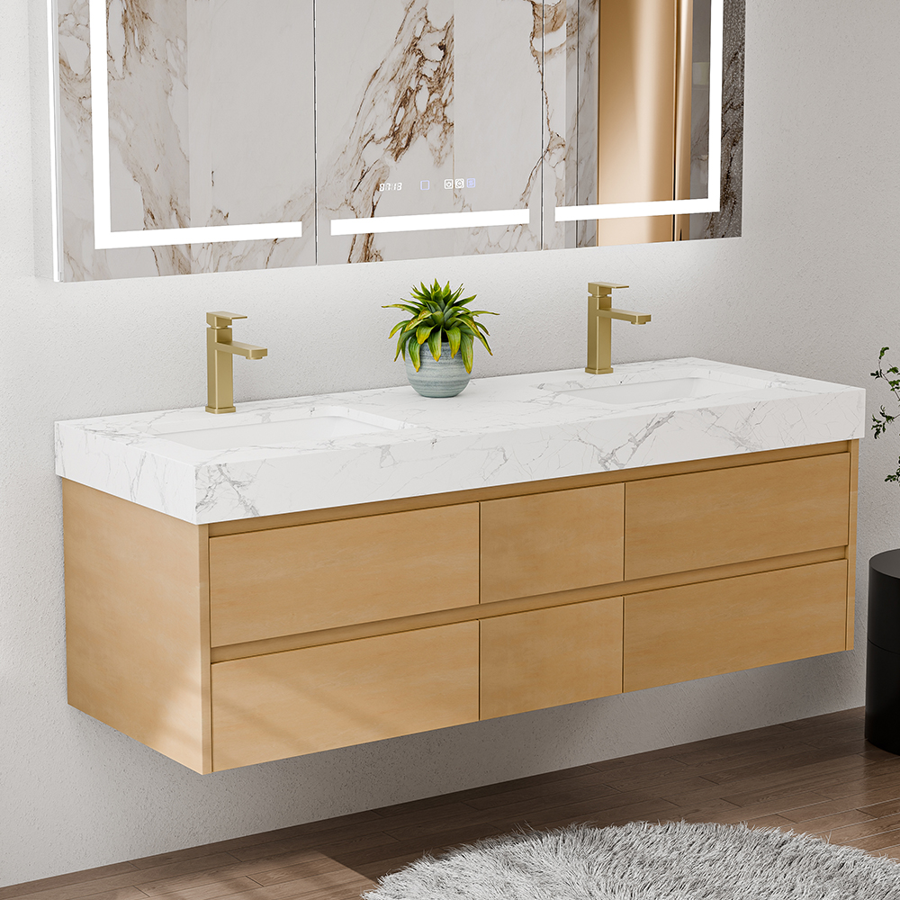 60-Inch Modern Wall Mounted Double Bathroom Vanity with Marble Countertop in commercial bathroom setup
