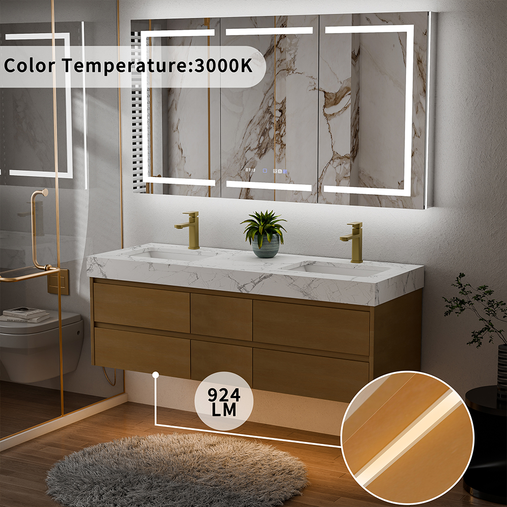 60-Inch Modern Floating Vanity with Ambient Lighting and Marble Countertop