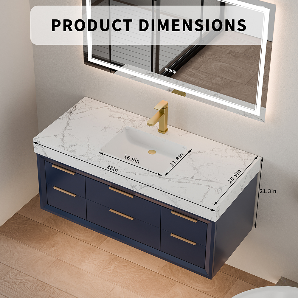 48 inch floating vanity dimensions chart showing installation measurements