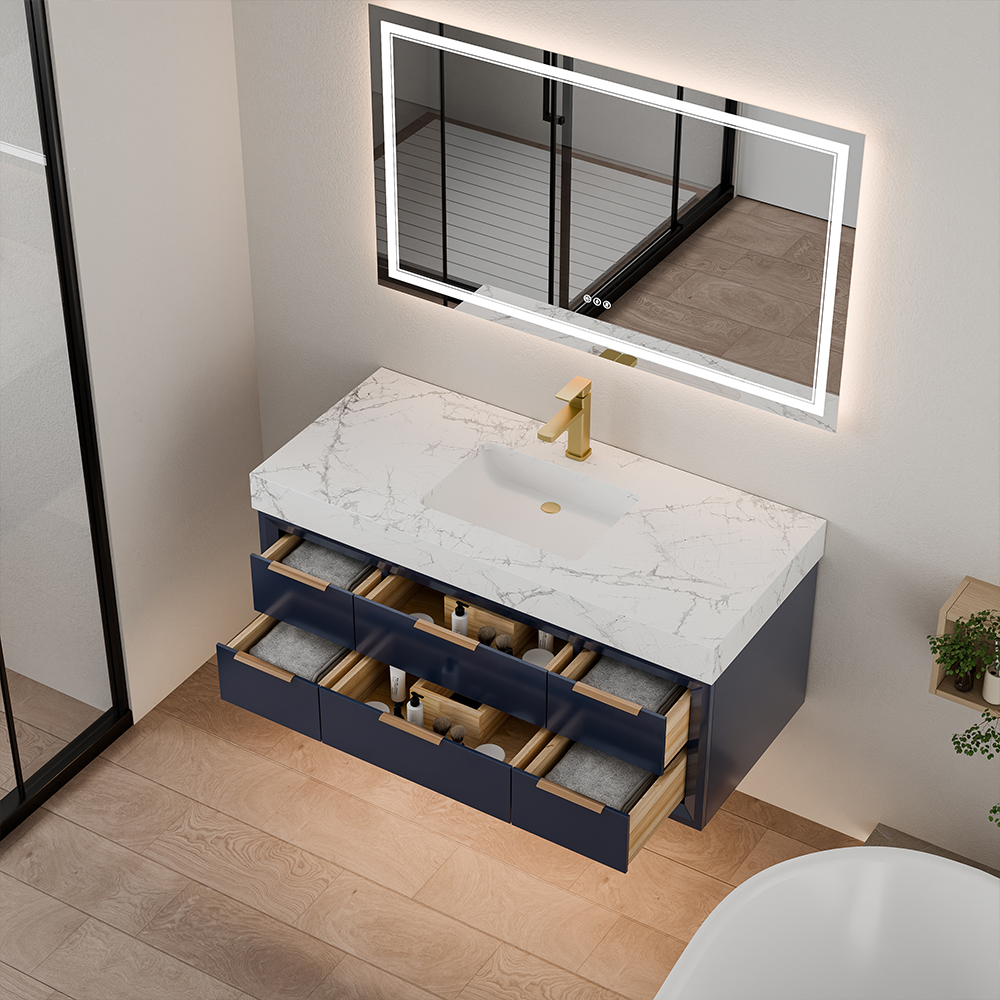 48 inch solid wood floating vanity with open drawers demonstrating internal storage structure