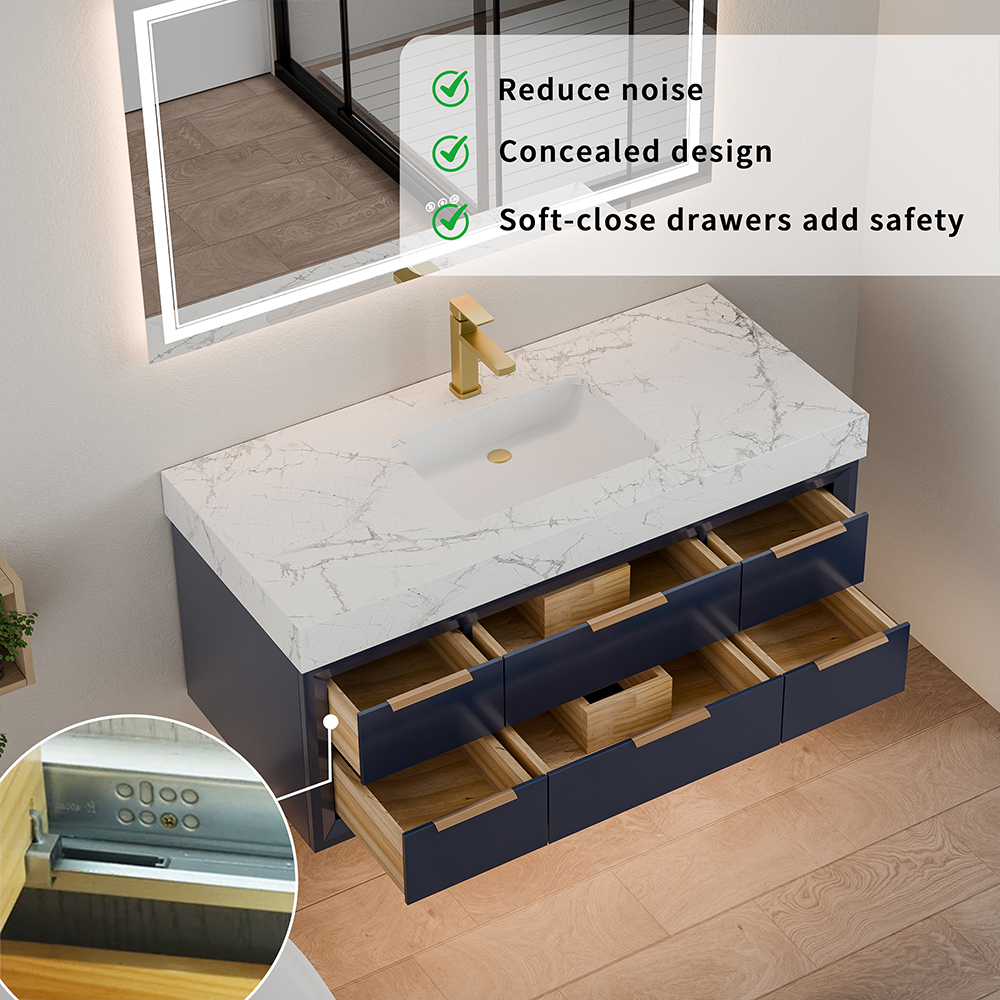 Soft close drawer feature of modern minimalist floating vanity