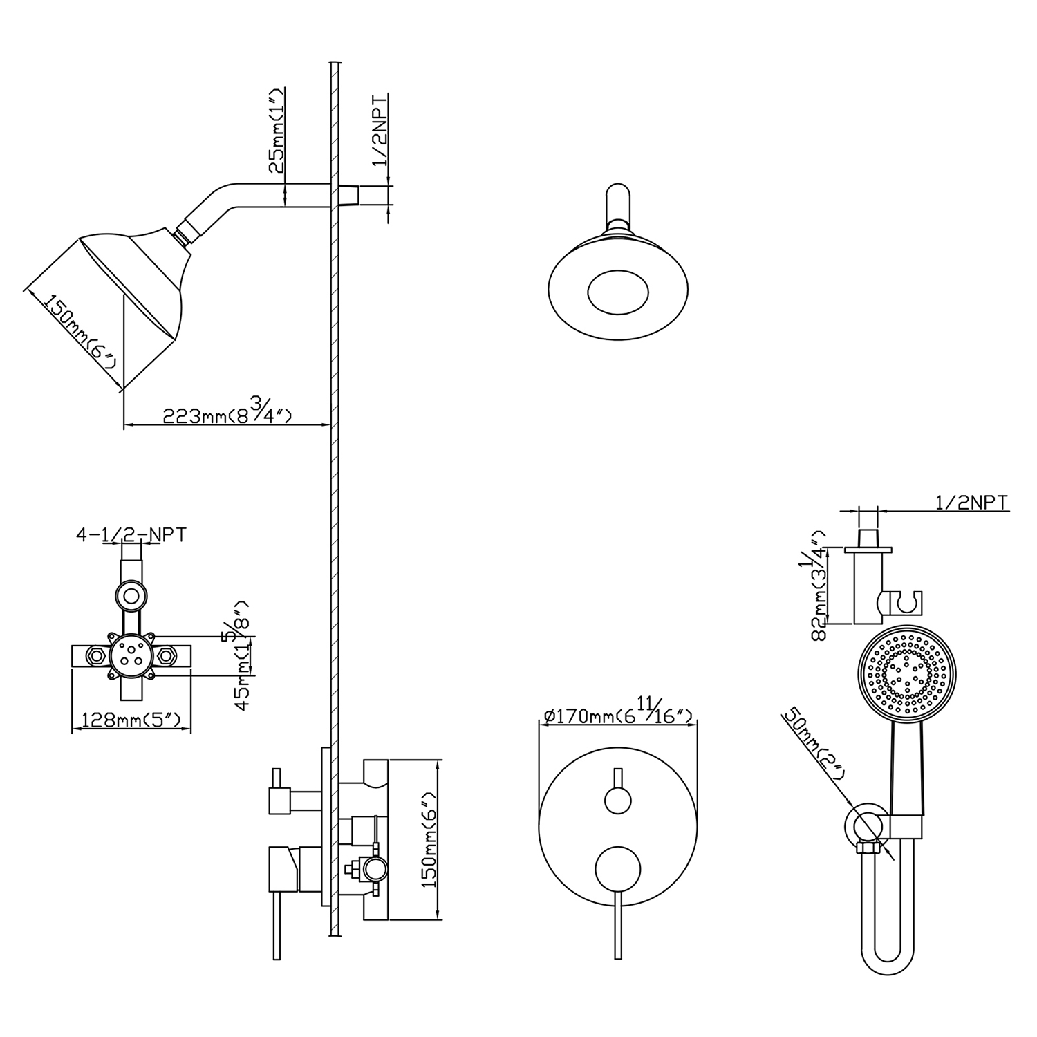 Matte black shower system hardware components including rough-in valve and trim kits