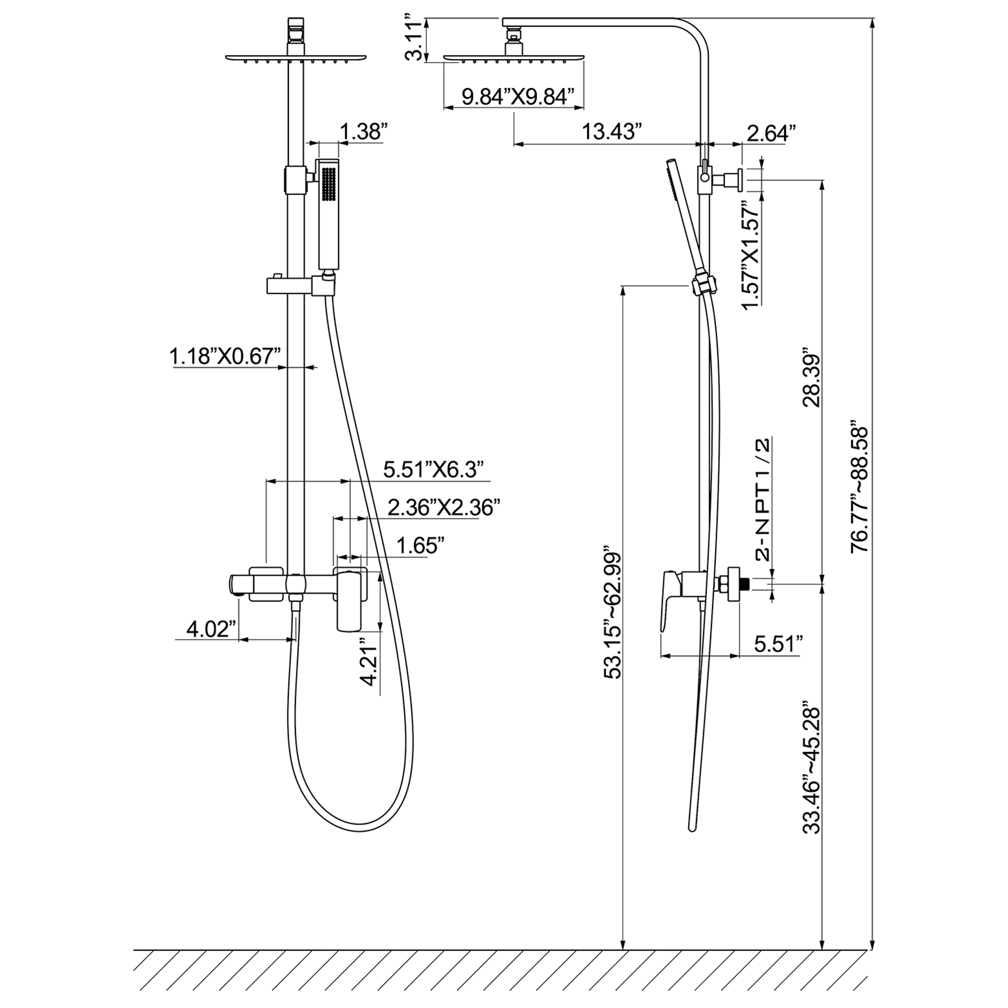 Luxury Shower System with Round Showerhead and solid brass rough-in valve in Matte Black finish