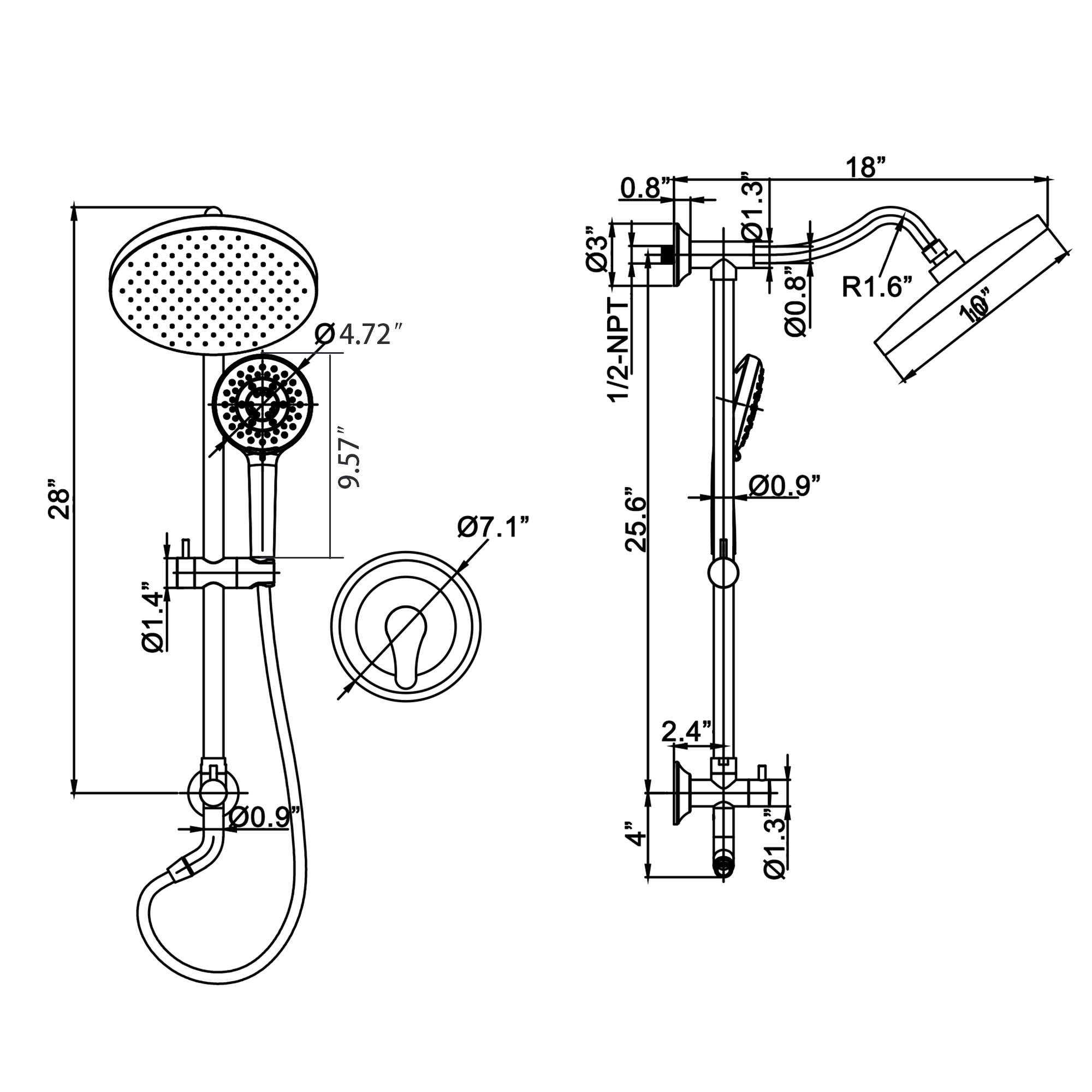 Wall Mounted Matte Black Brass Standard Shower Set with Hand Shower