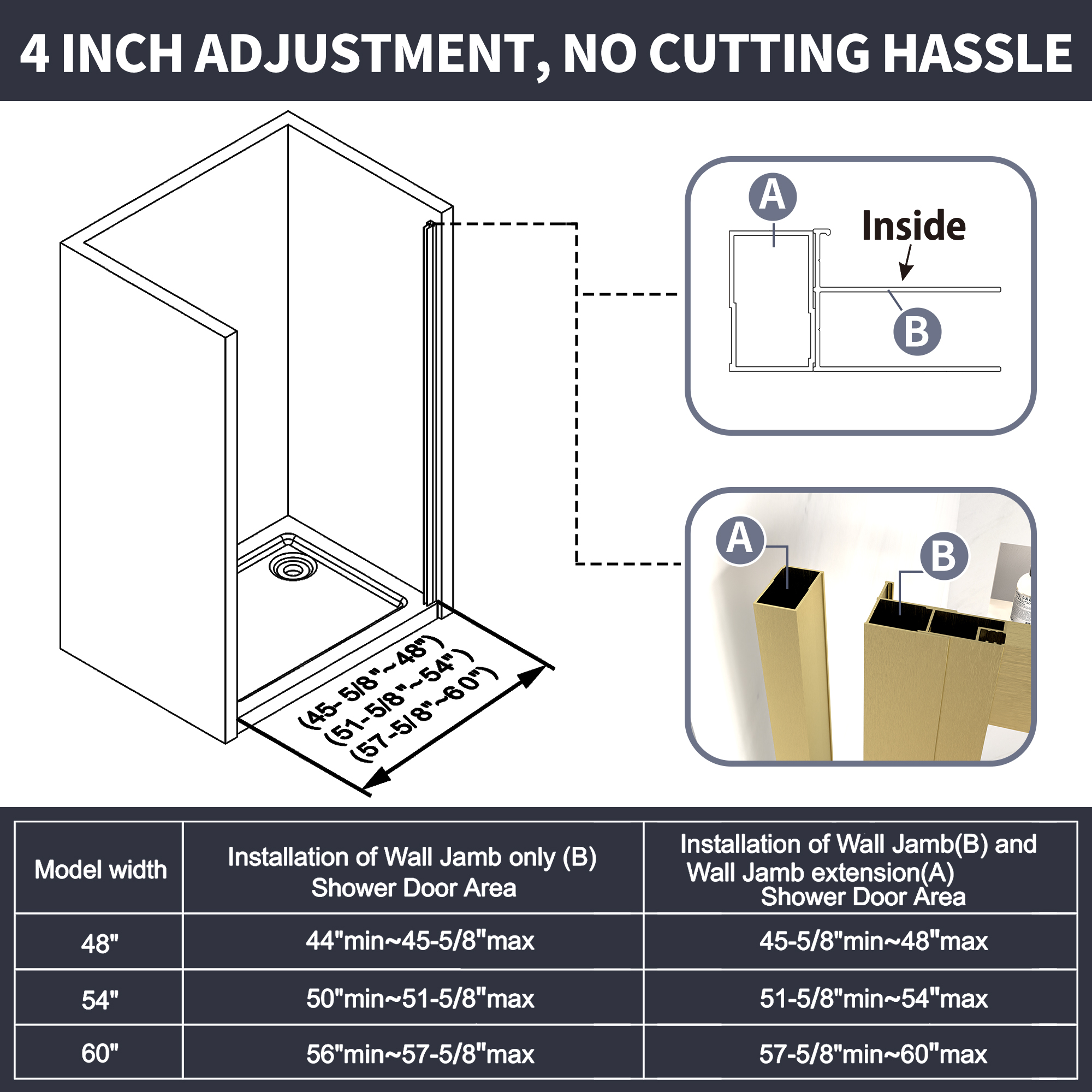 TRI Folding Tempered Glass Sliding Shower Door in Brushed Gold for hotel bathrooms