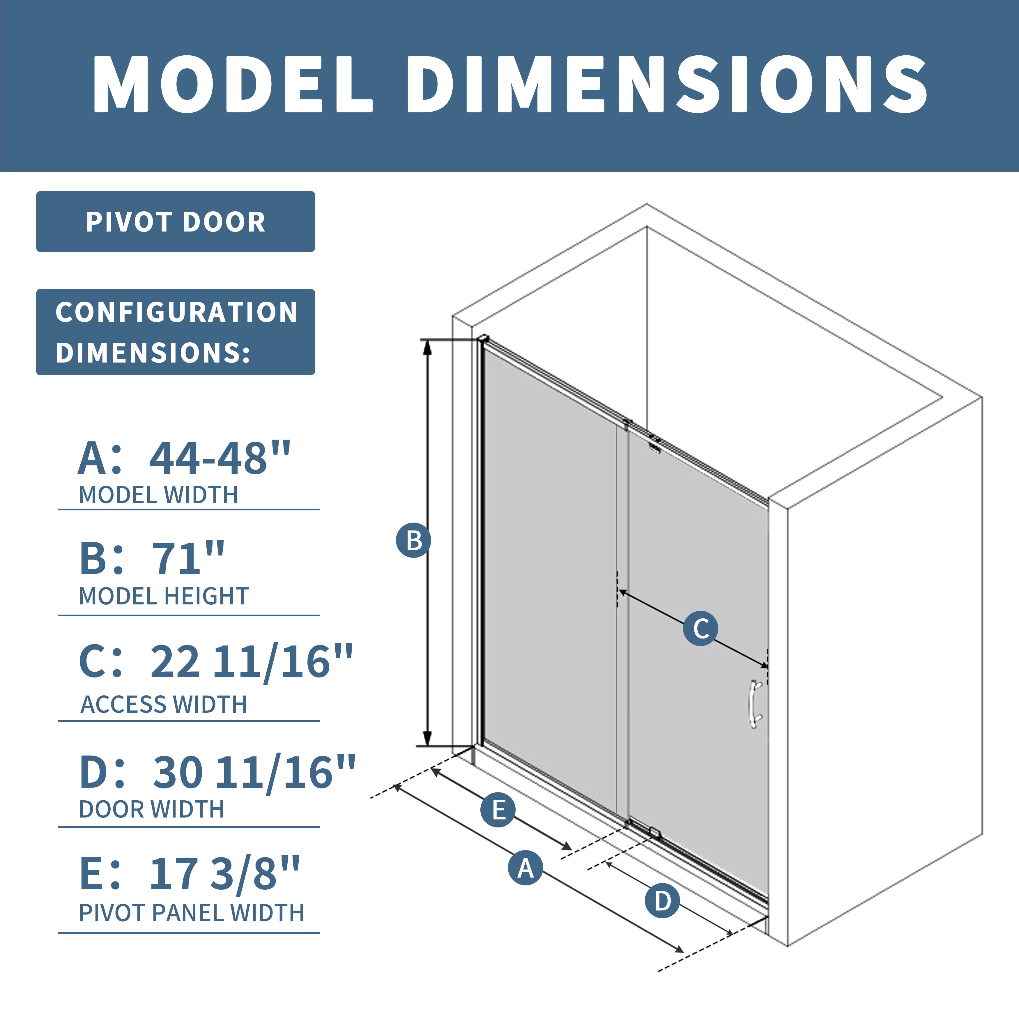 44-48 inch W x 71 inch H Pivot Swing Semi Shower Door with 1/4 inch tempered glass and matte black frame