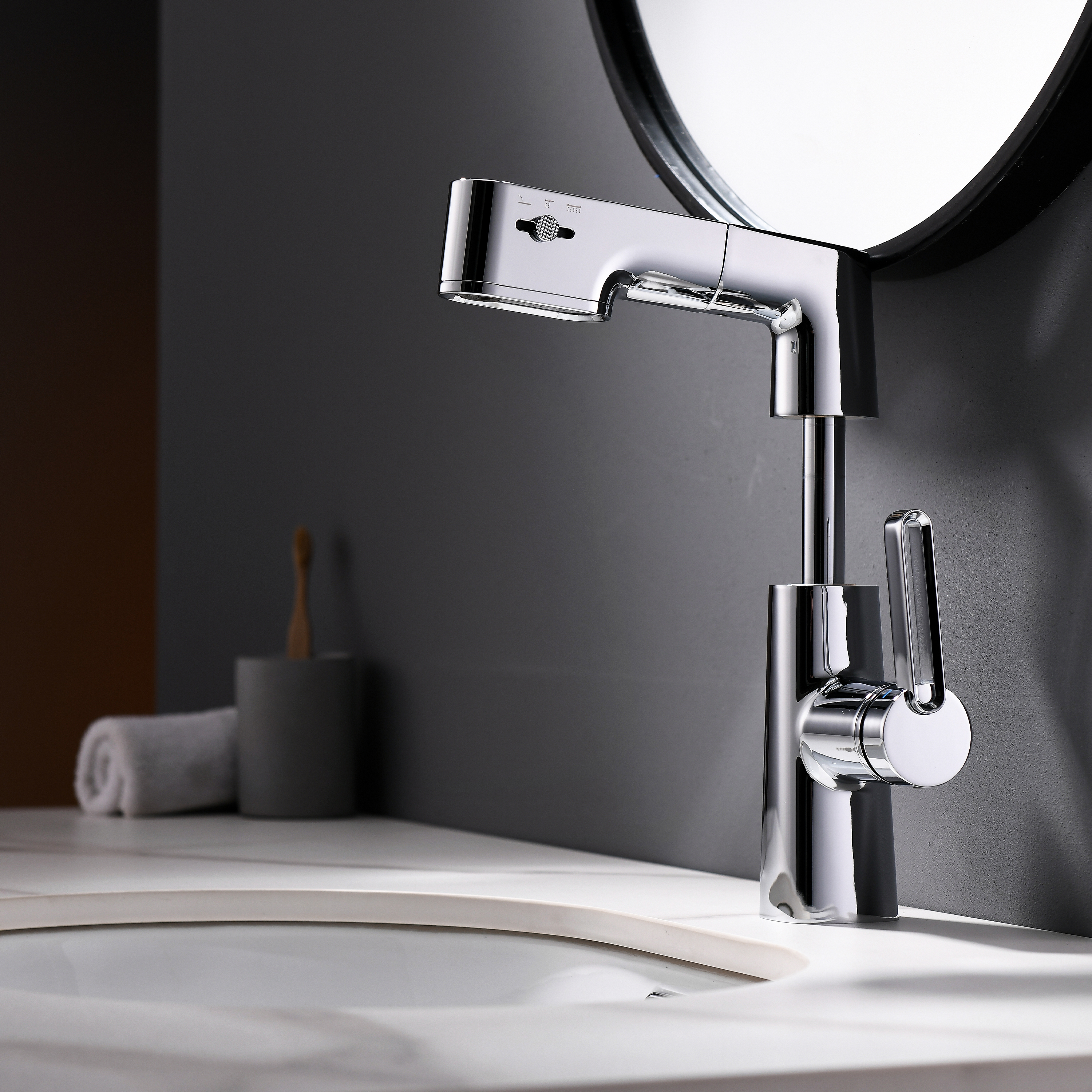 Dimensional details of the chrome single hole faucet showing 360 degree rotation capability