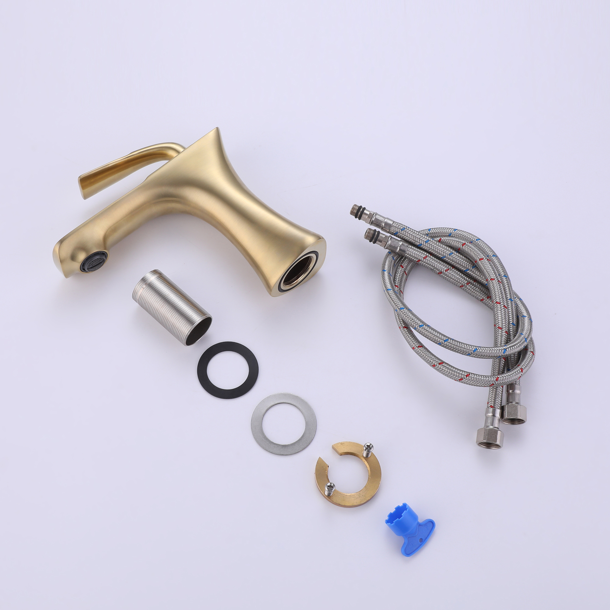 Deck mounted single-hole bathroom sink faucet in black and gold