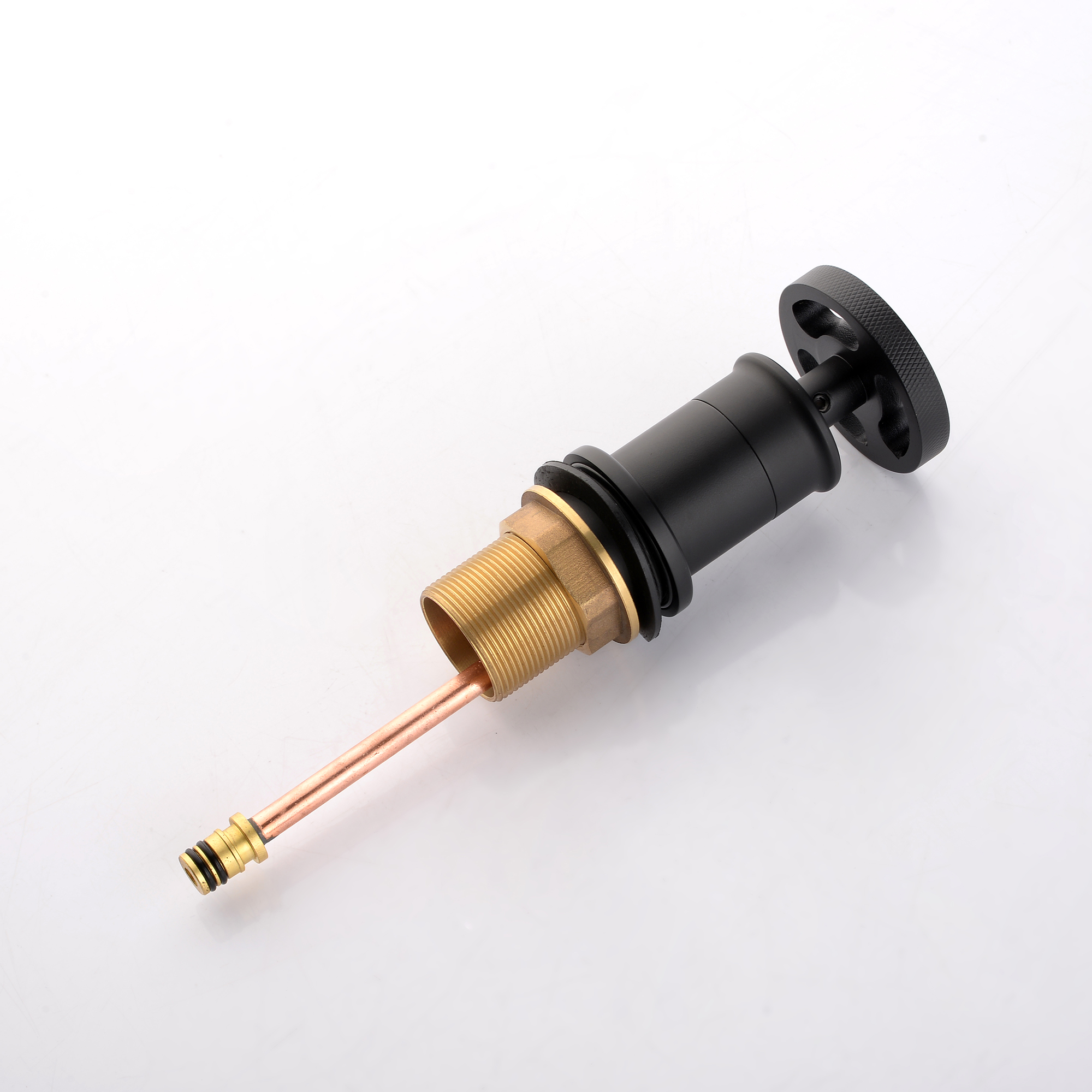 Detailed view of the dual handle mechanism and industrial knurling texture of widespread faucet
