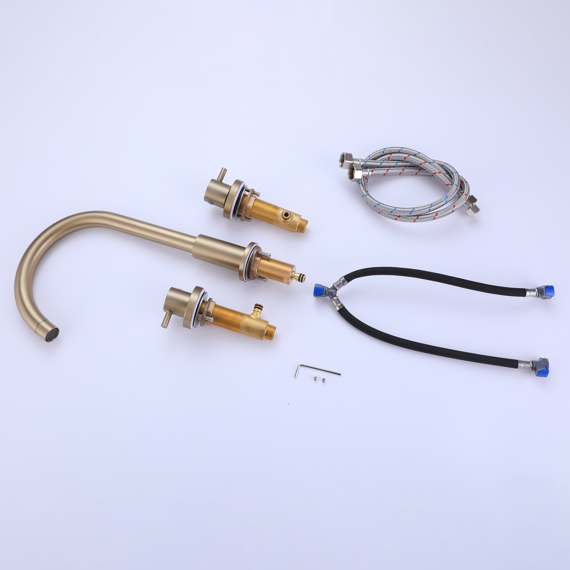 Brushed gold widespread faucet product detail for bathroom installation