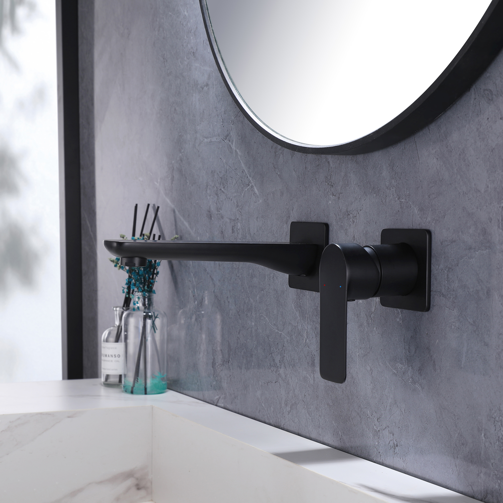 Wall mounted faucet construction and matte black finish