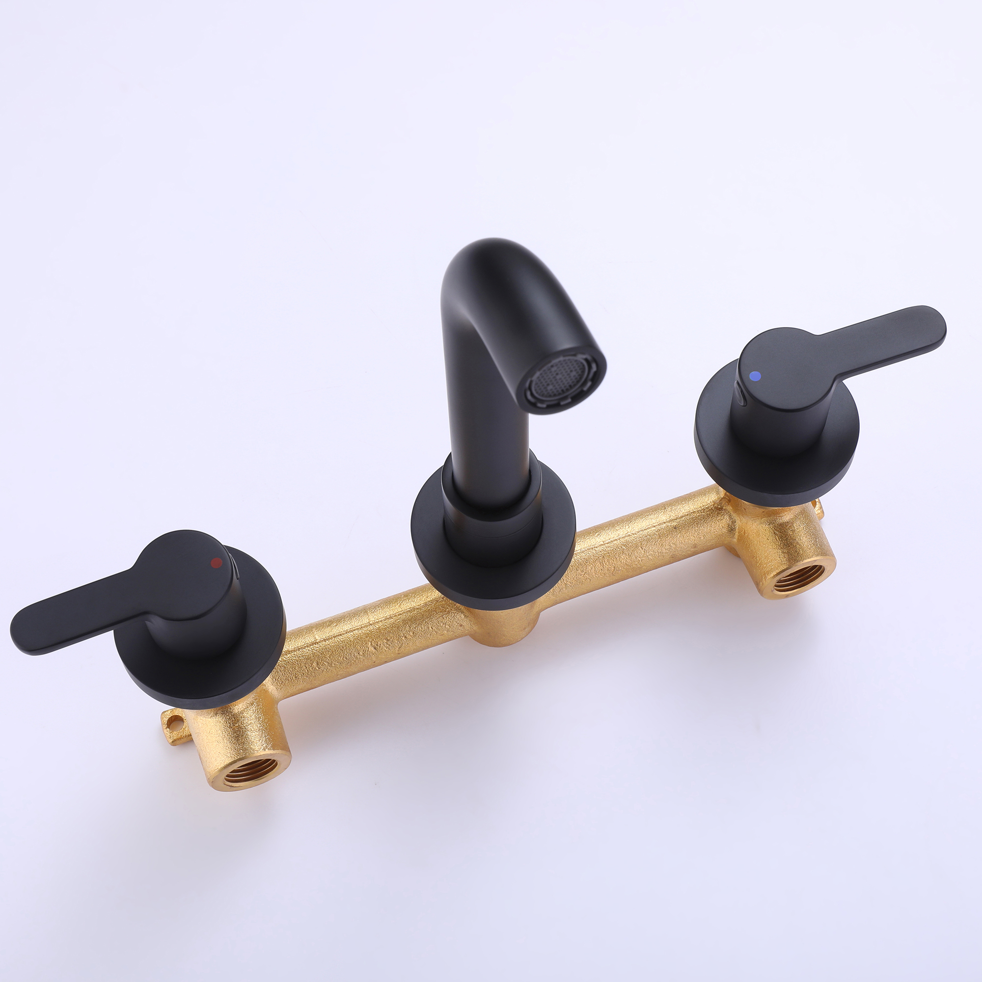 Matte black two-handle wall mounted bathroom faucet