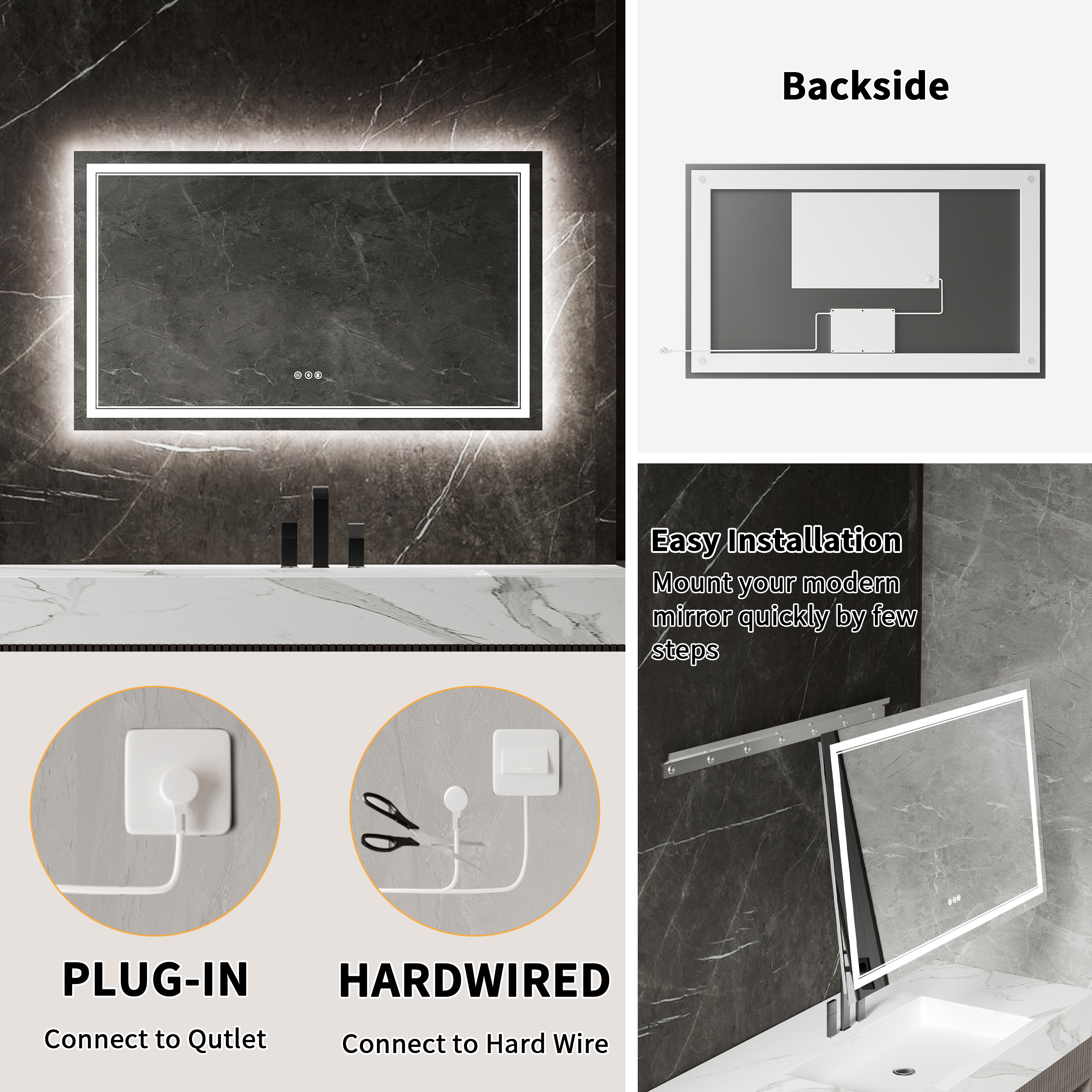 60 x 36 Inch LED Bathroom Vanity Mirror with Anti Fog front view