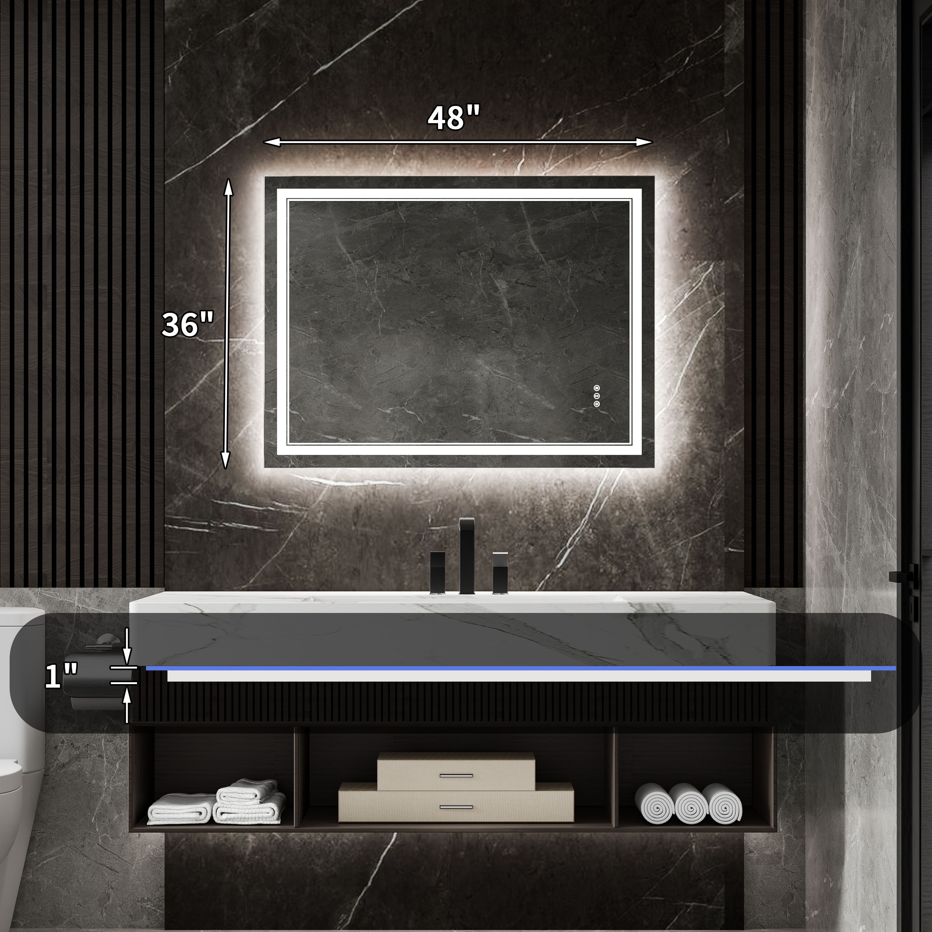 Wall-mounted LED bathroom vanity mirror with adjustable brightness and color temperature