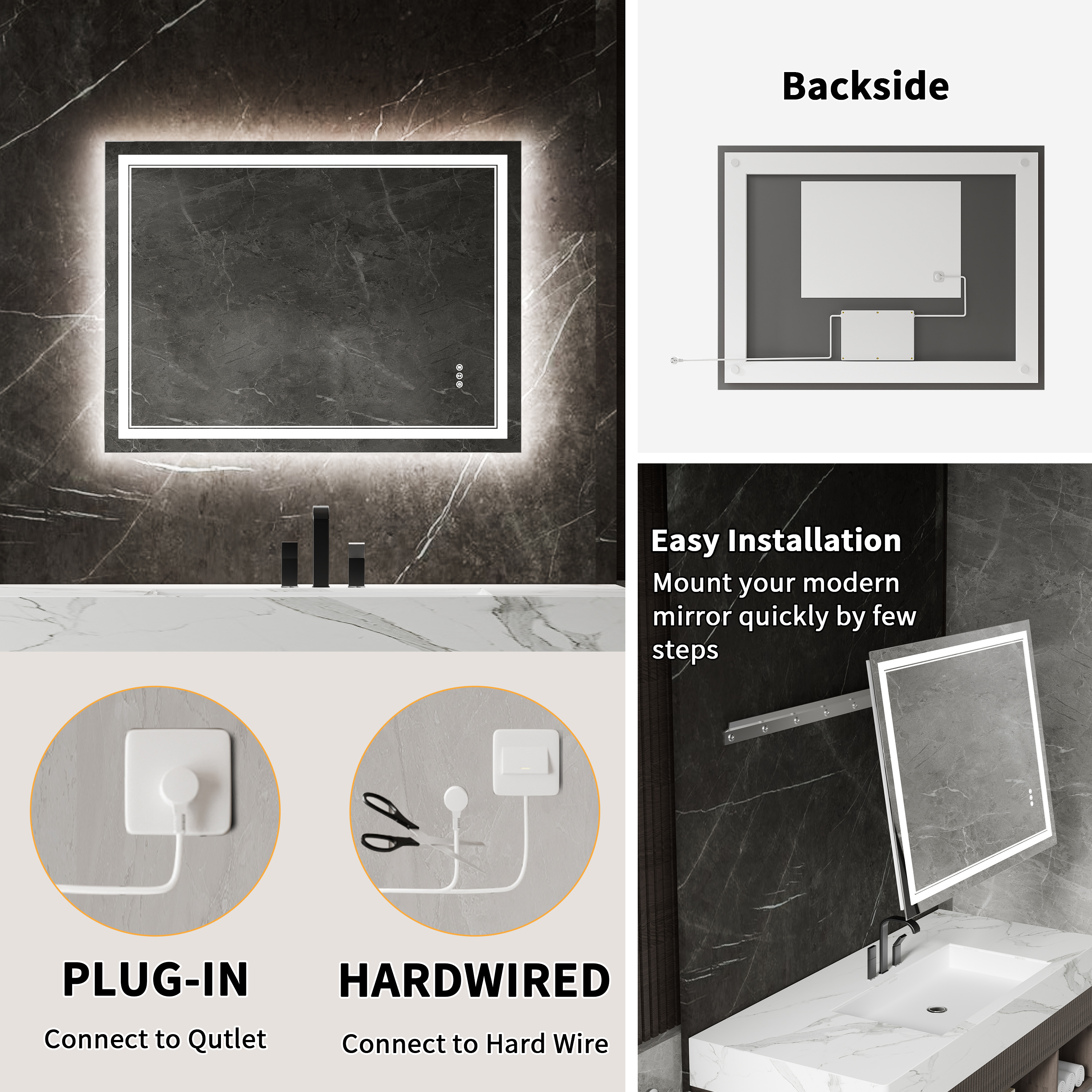 48 x 32 inch LED bathroom vanity mirror with anti fog memory function