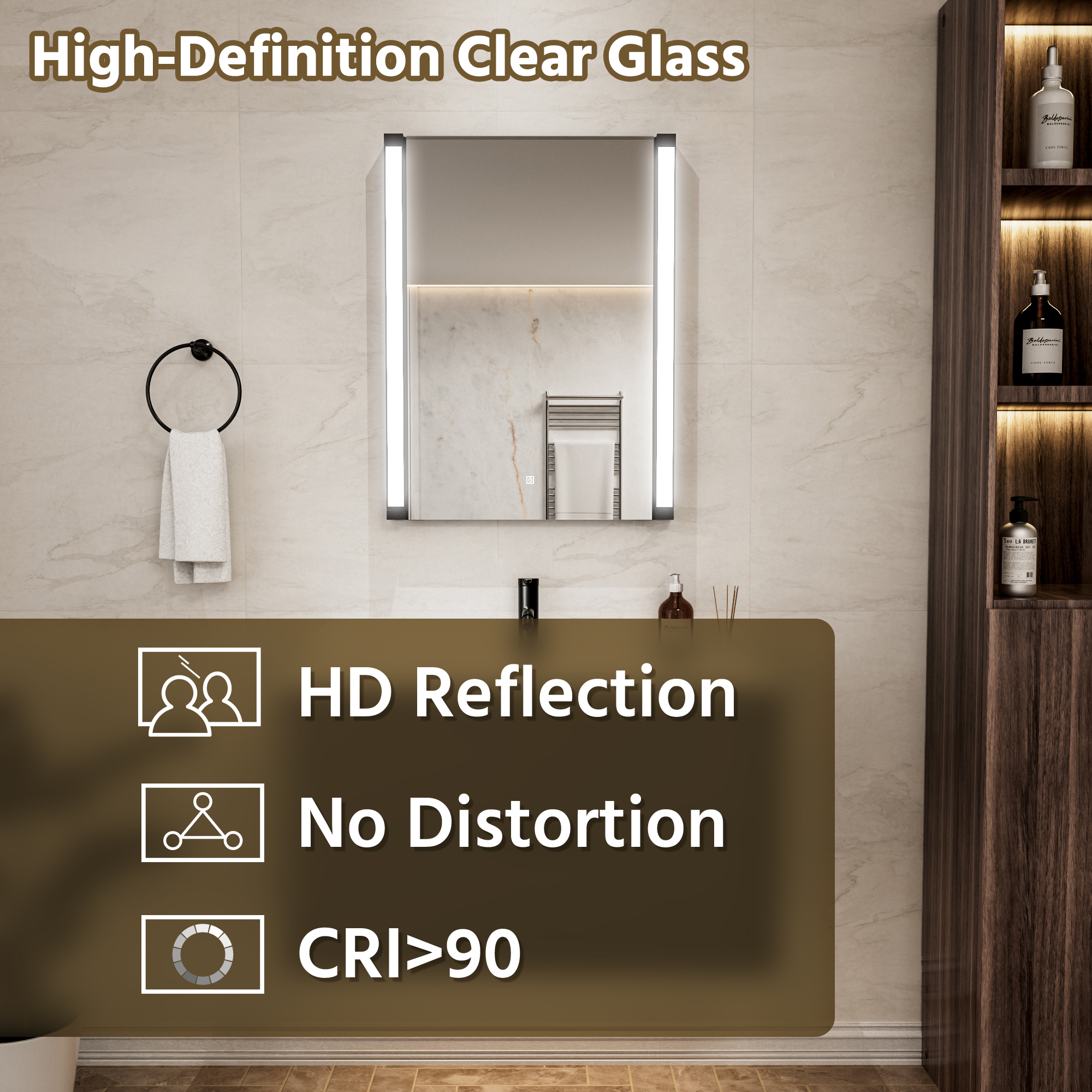 Back-lit LED hotel bathroom mirror with wall mounted installation