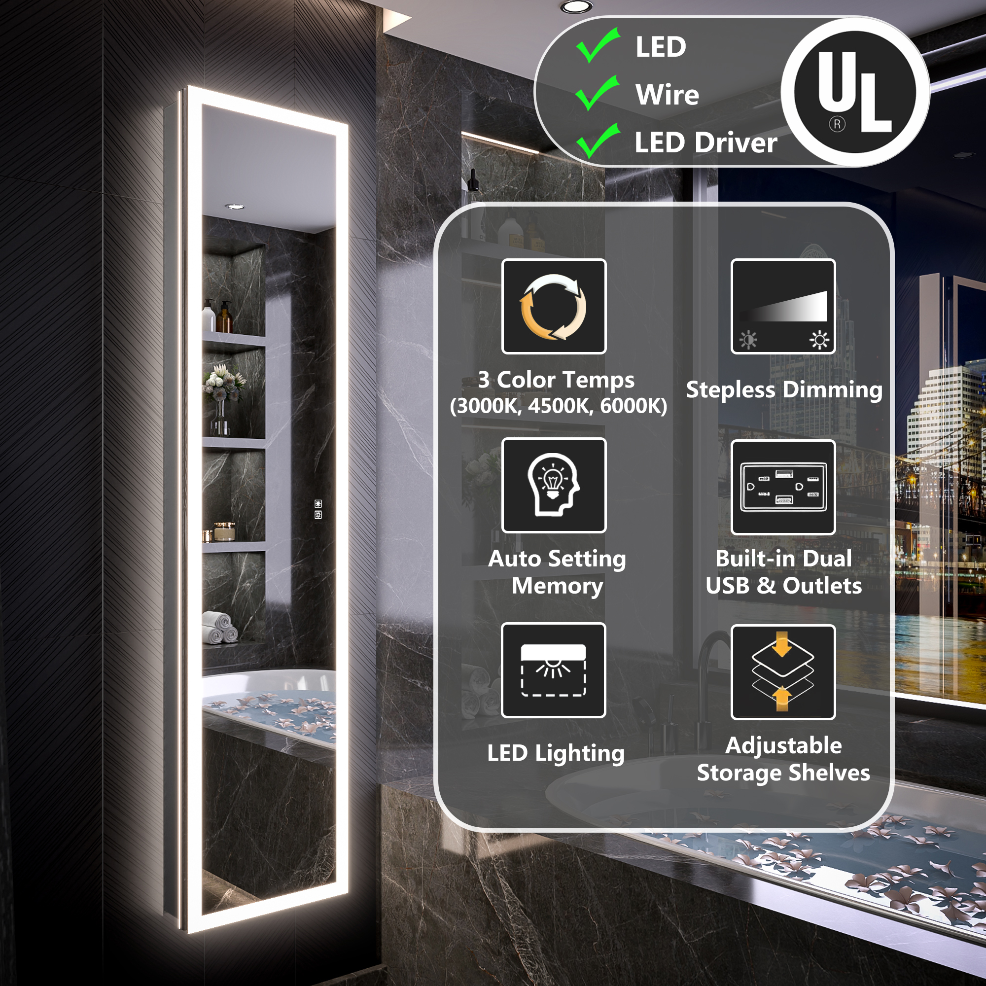 Full-length LED medicine cabinet for humid bathroom conditions