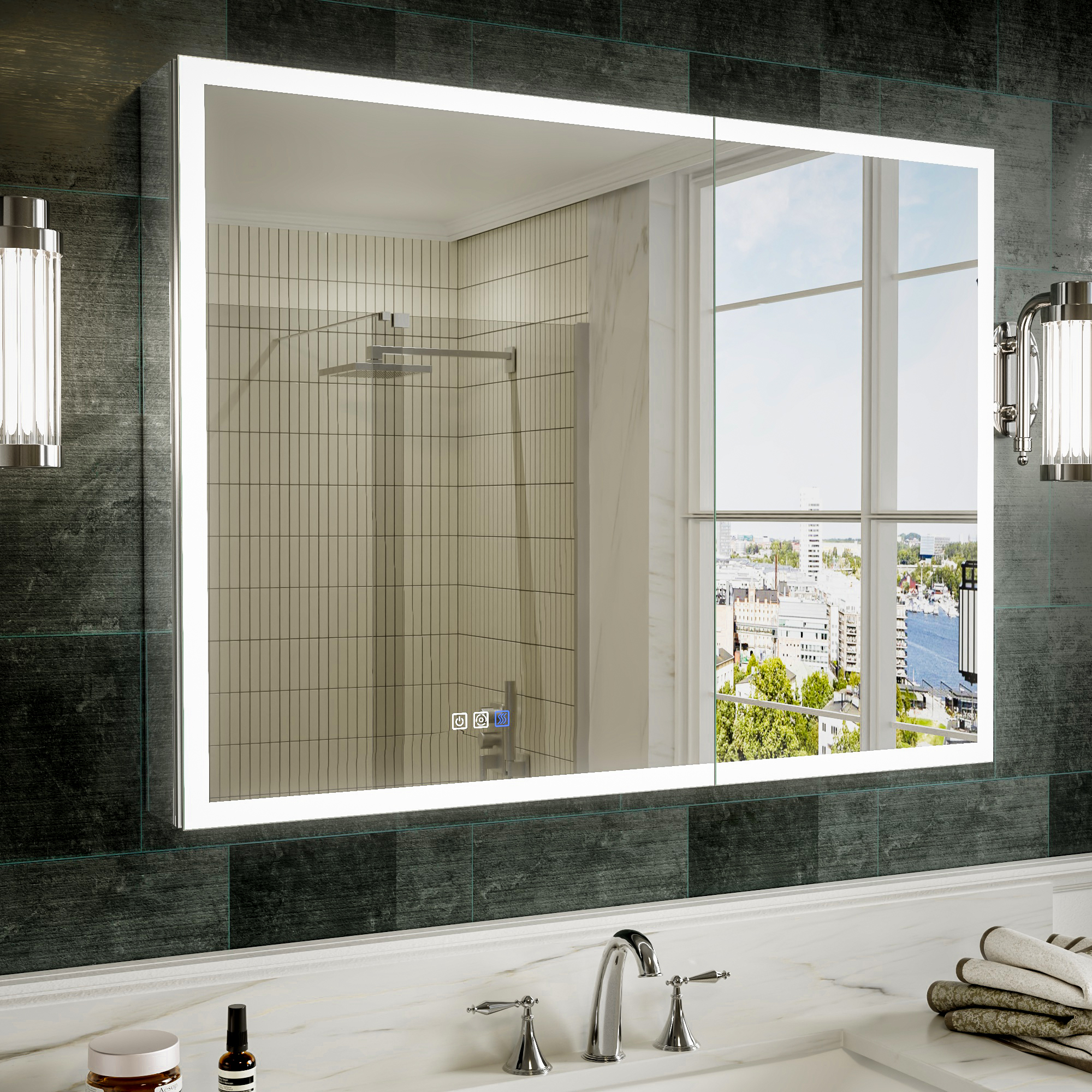 LED medicine cabinet showing adjustable lighting and anti-fog features