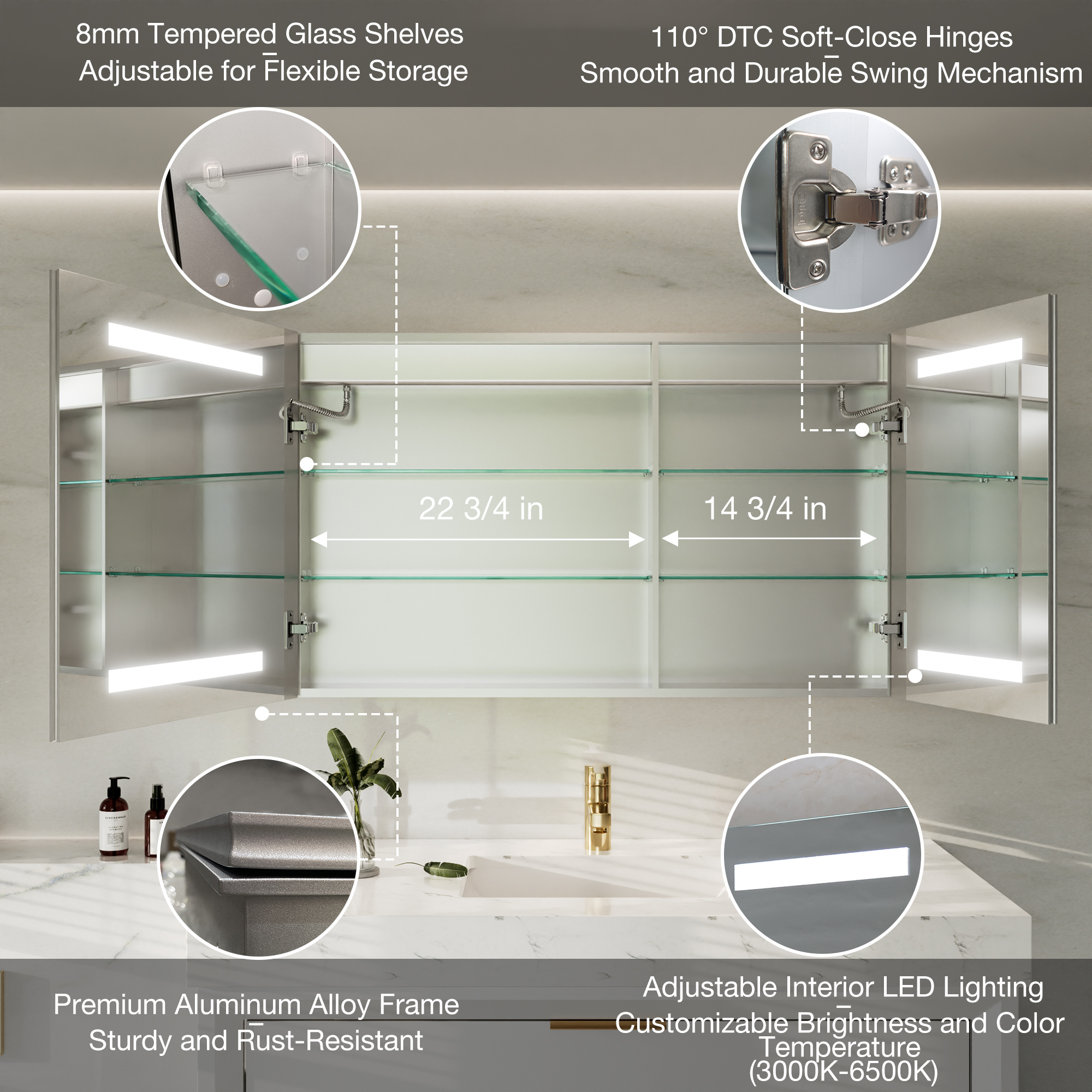 40x24 Inch LED mirror medicine cabinet with aluminum frame and beveled mirror for hotel bathrooms