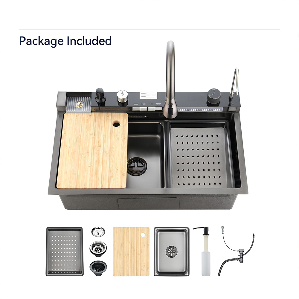 Black kitchen sink with touch control and digital temperature display