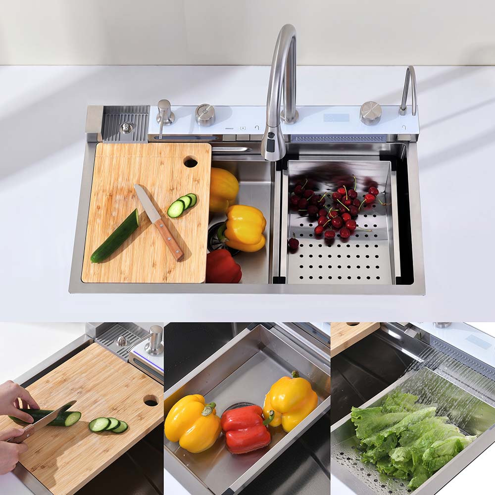Detail of nano-coated white stainless steel sink surface resisting water stains