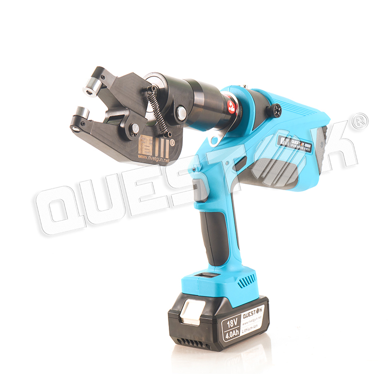 Rectangular clinching gun during sheet metal joining process showing 30-60kn pressure capacity
