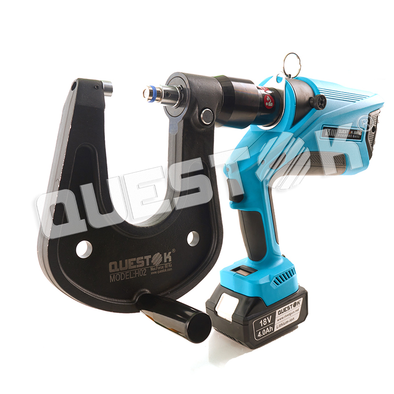 Self-clinching nut press tool for fasteners showing hydraulic design and solid frame structure