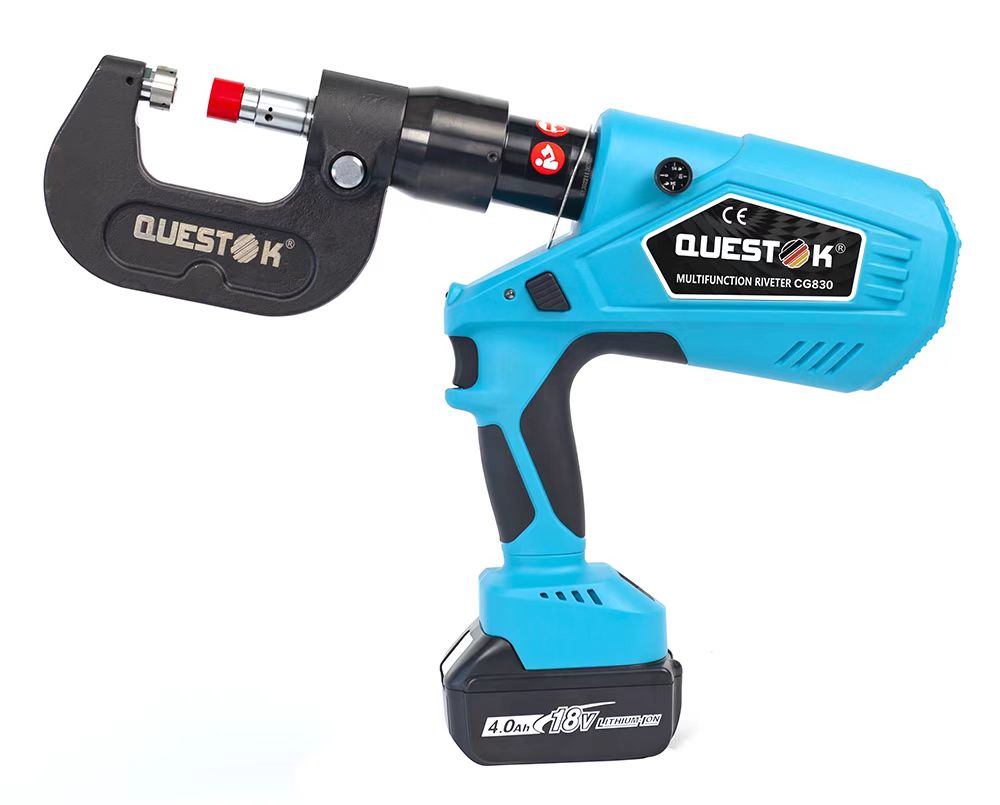 Handheld semi-tubular rivet installation gun featuring robust hydraulic design and adjustable pressure dial