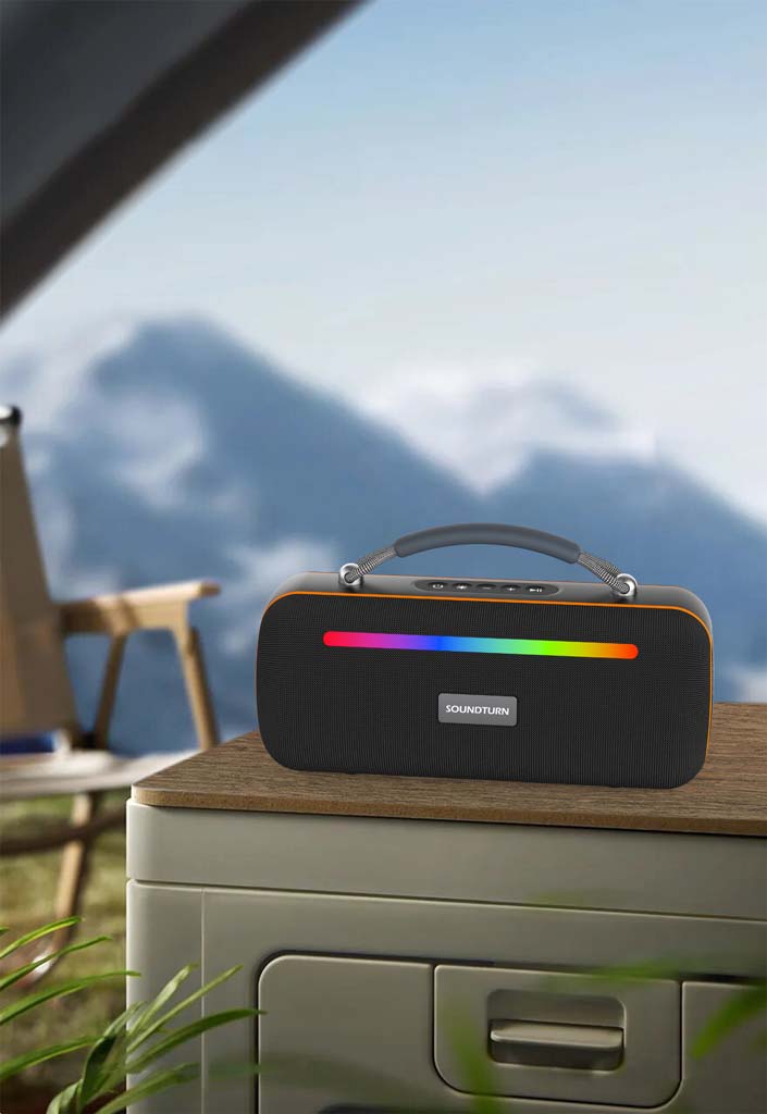 Side view of Outdoor Portable Speaker showing interface ports and controls