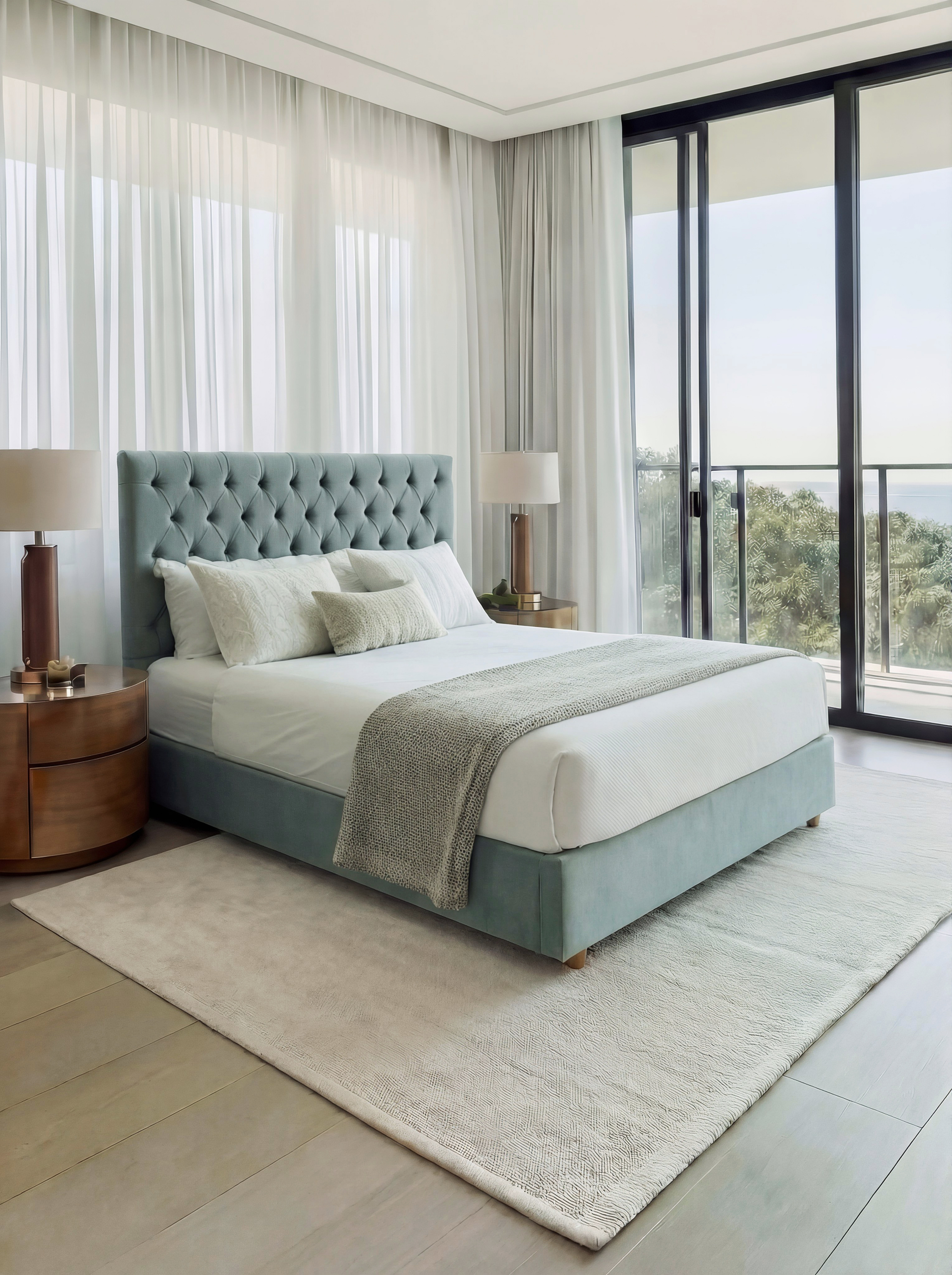 Custom fabric upholstered bed side view