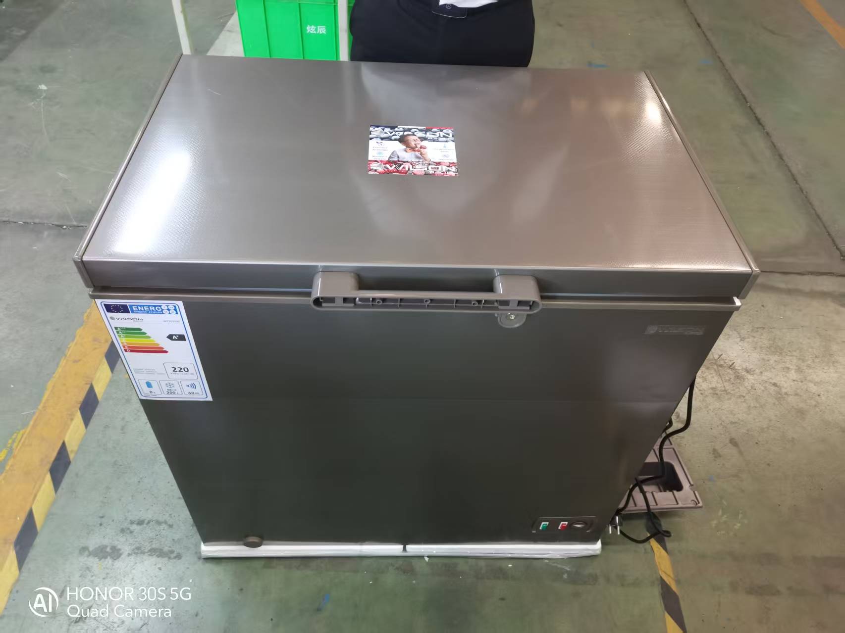 150L capacity chest freezer back view with refrigeration specifications