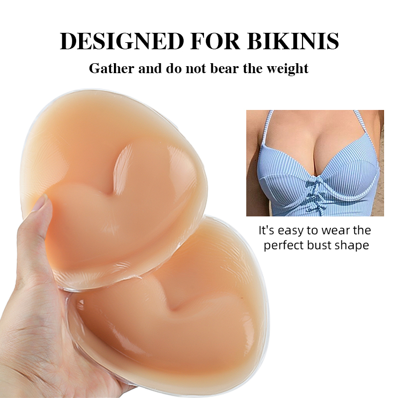 Bikini reusable silicone sticky bra pads showcasing push-up and waterproof adhesive features