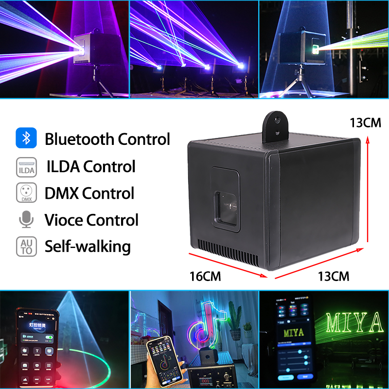 RGB laser projector displaying dynamic beam effects and graphics