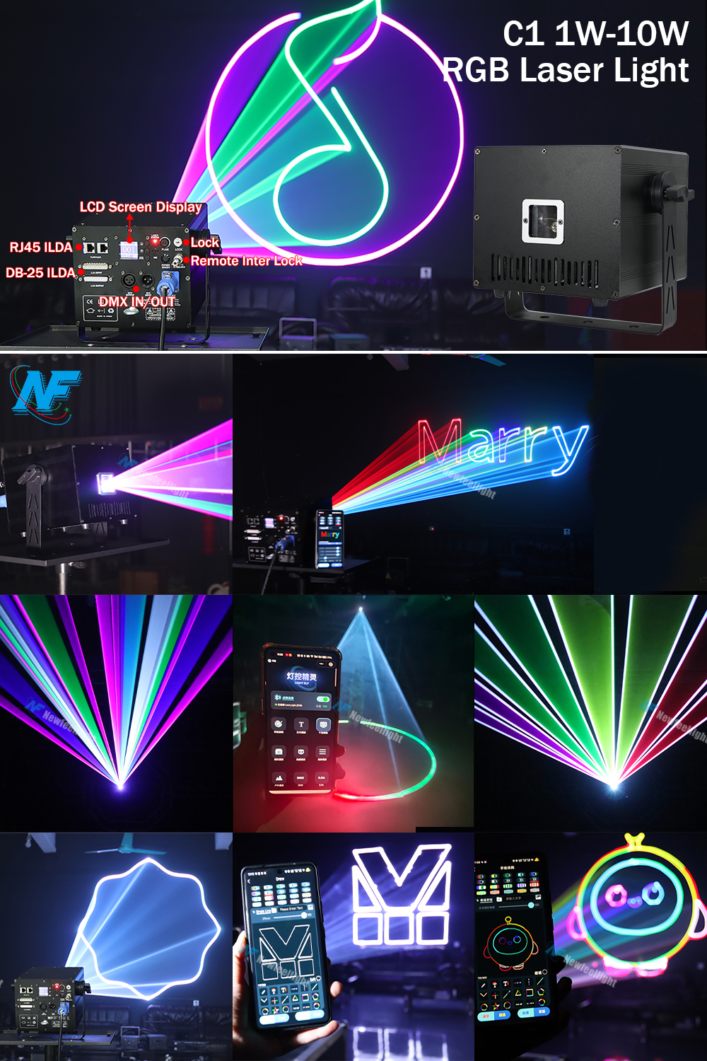 RGB laser light projector demonstrating multicolor beam effects and scanner precision