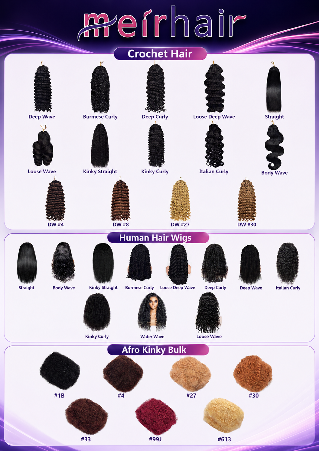 100% human hair bundles with crochet hair extension texture options