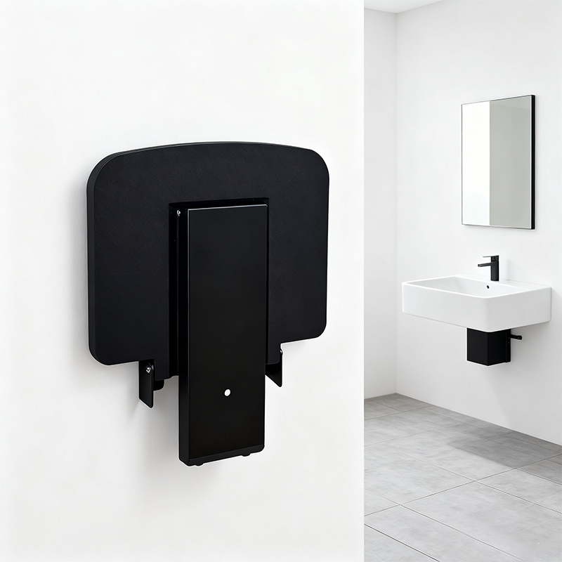 Folded view of the wall mounted bathroom accessory seat showing compact design