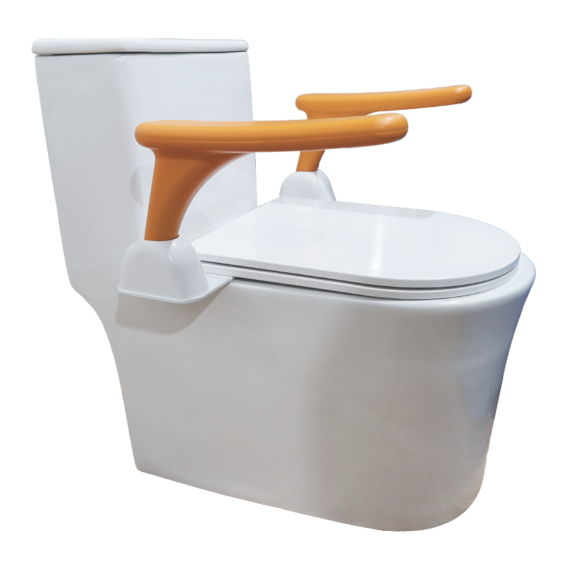 Accessible toilet armrest with durable orange polyurethane coating and steel core