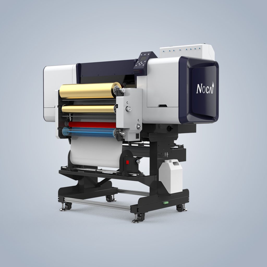 Integrated unwinding laminating and rewinding system for UV DTF printing