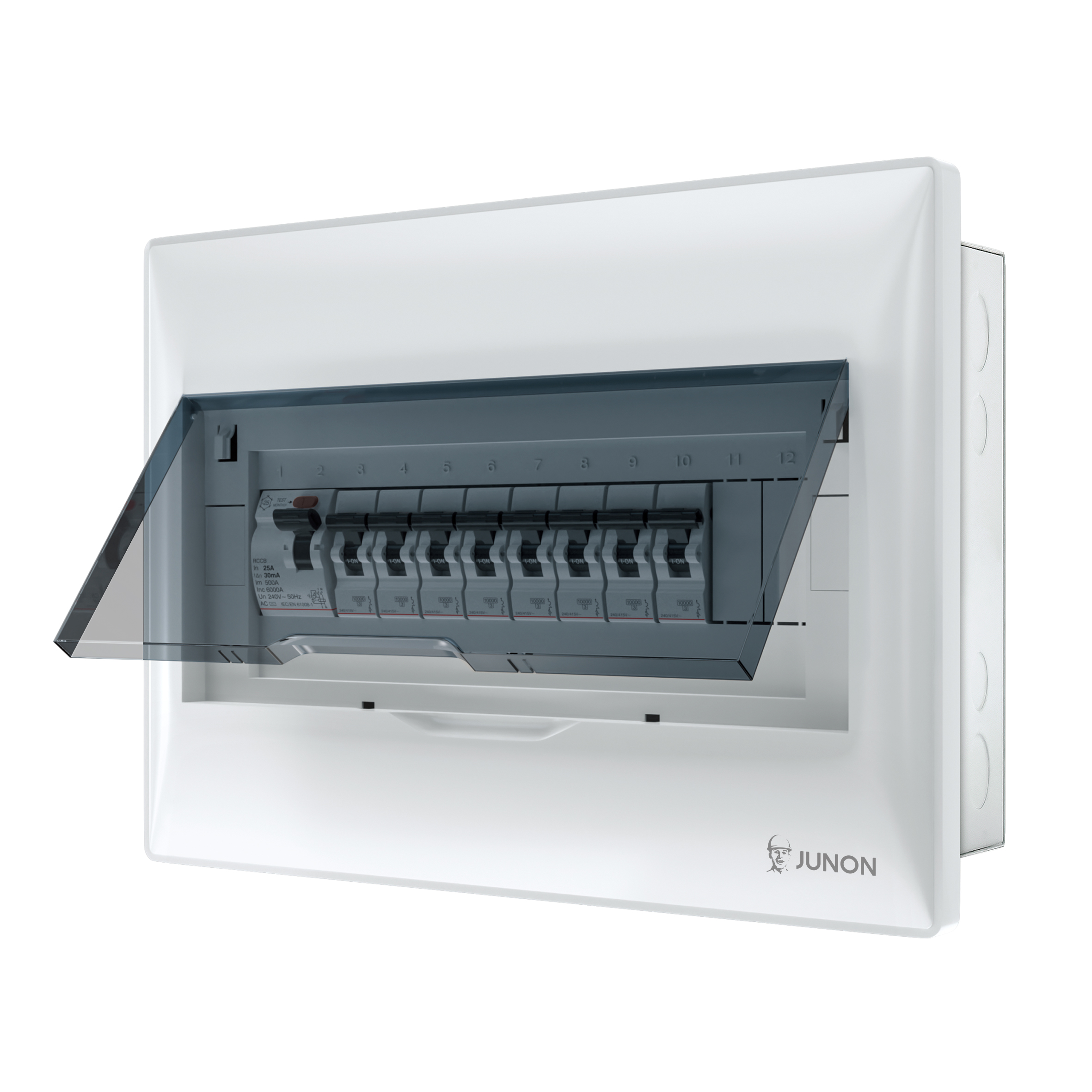 V10 series 12 way flush mounted distribution box with PC cover and metal base