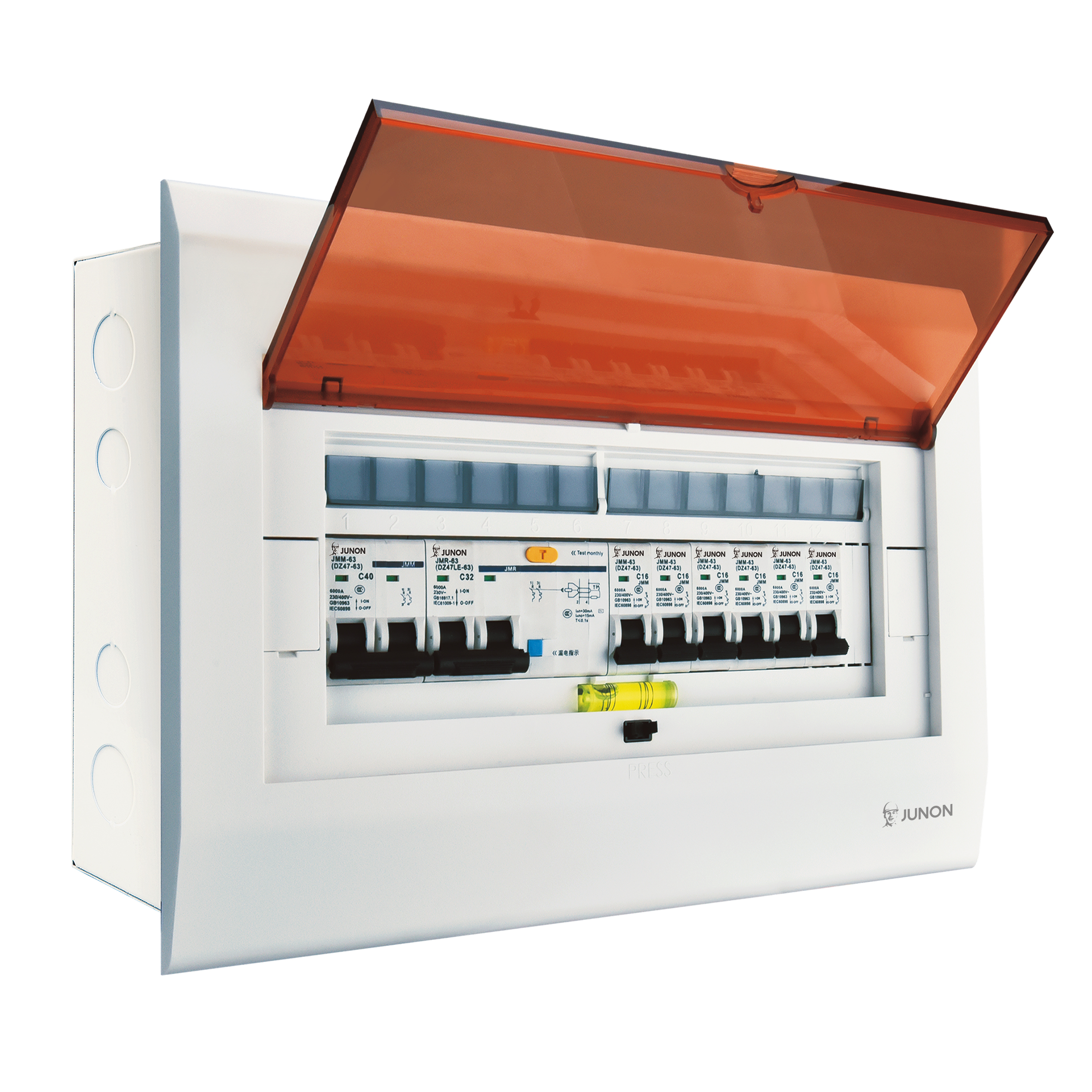 V8+ series 13 way flush mounted distribution box with PC cover and metal base