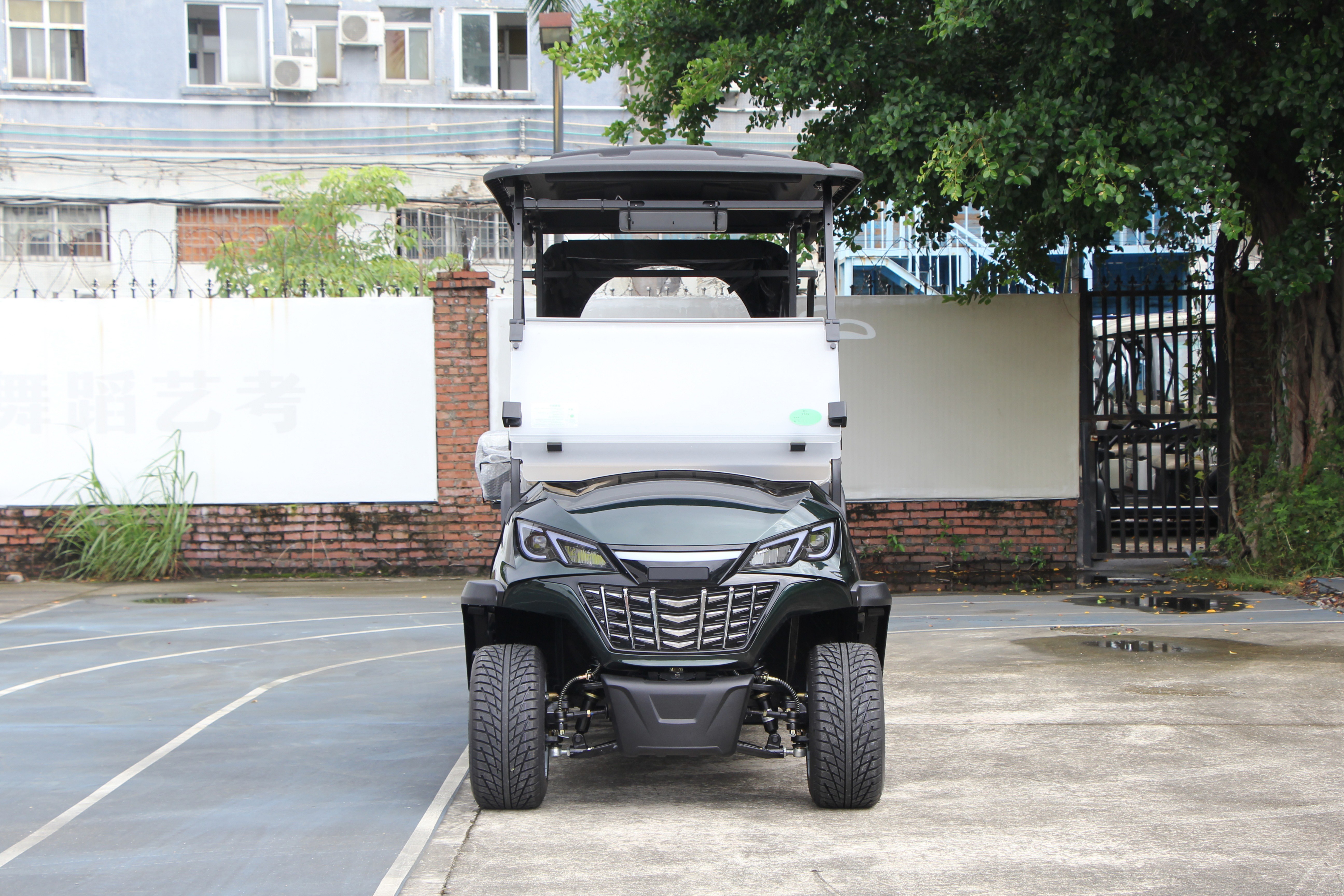 Electric golf cart model LQS041 side view showing sleek white body and high-clearance frame