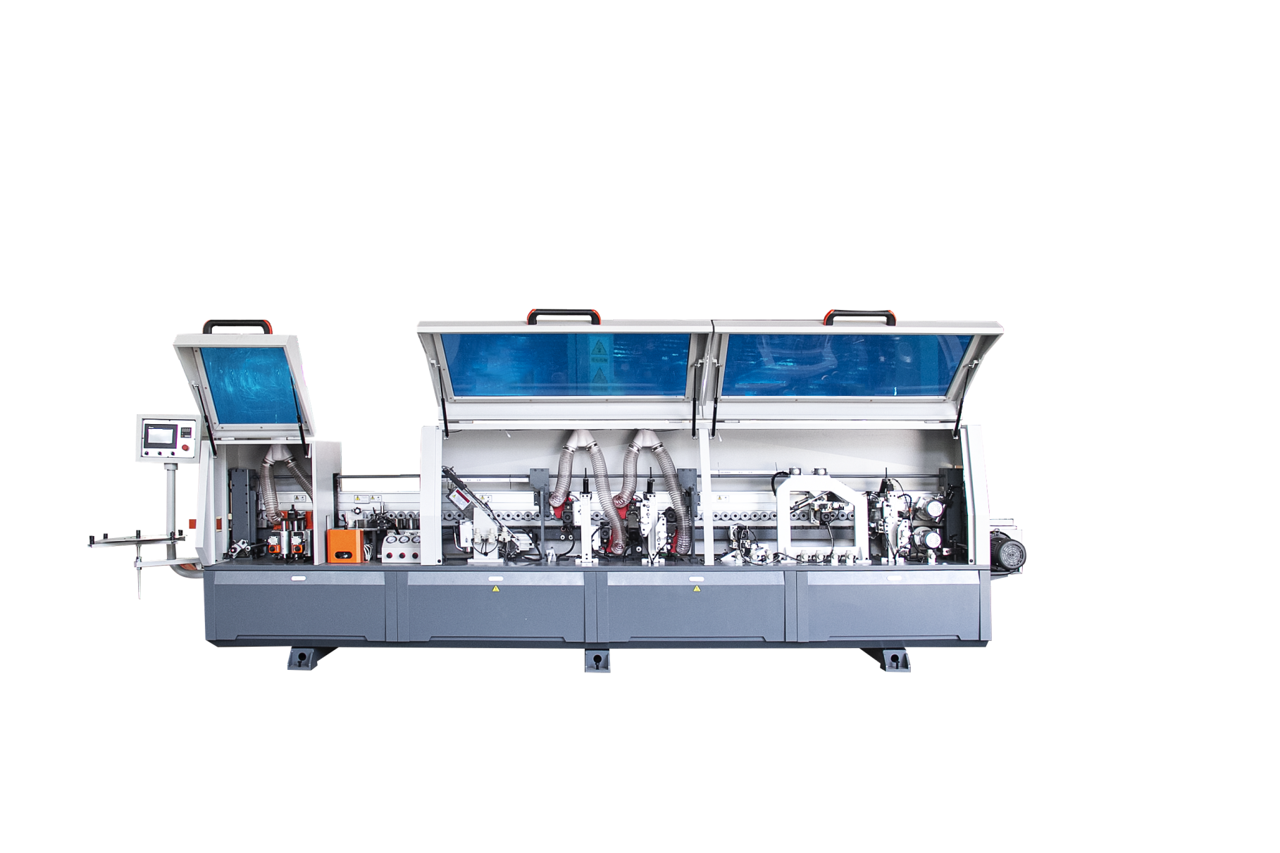 Edge banding machine with pre-milling and fine trimming