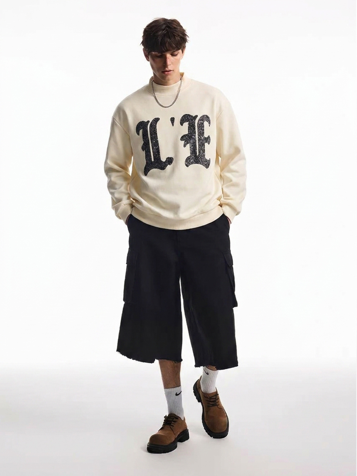 Heavyweight sweatshirt close product view for patch adhesion and color inspection