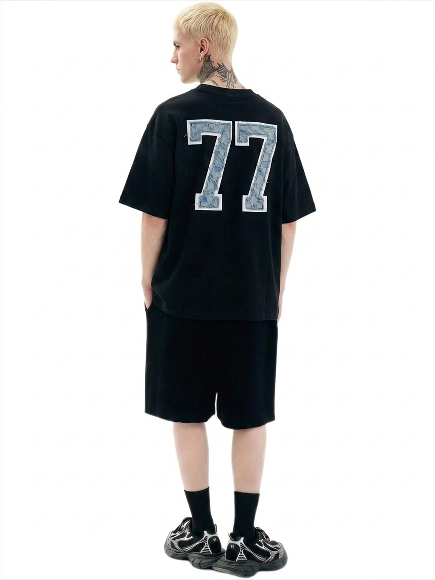 Embroidered logo heavy cotton T-shirt for garment-wash development